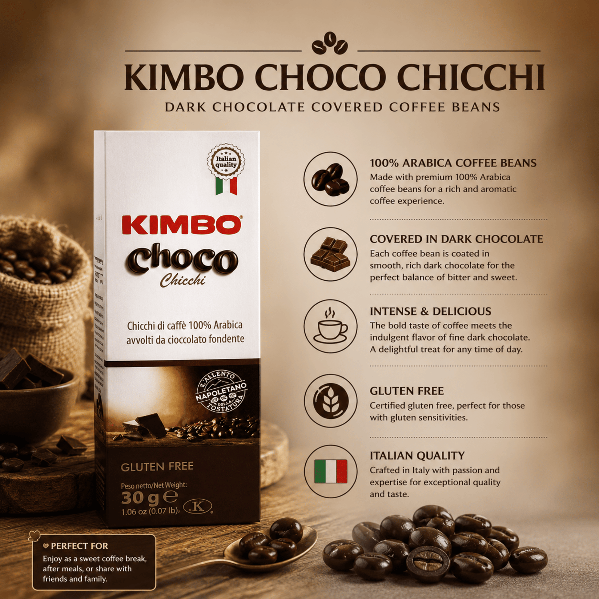 Kimbo Choco 30g product information showing 100% Arabica coffee beans, dark chocolate coating and coffee powder, premium Italian coffee snack for consumers and businesses