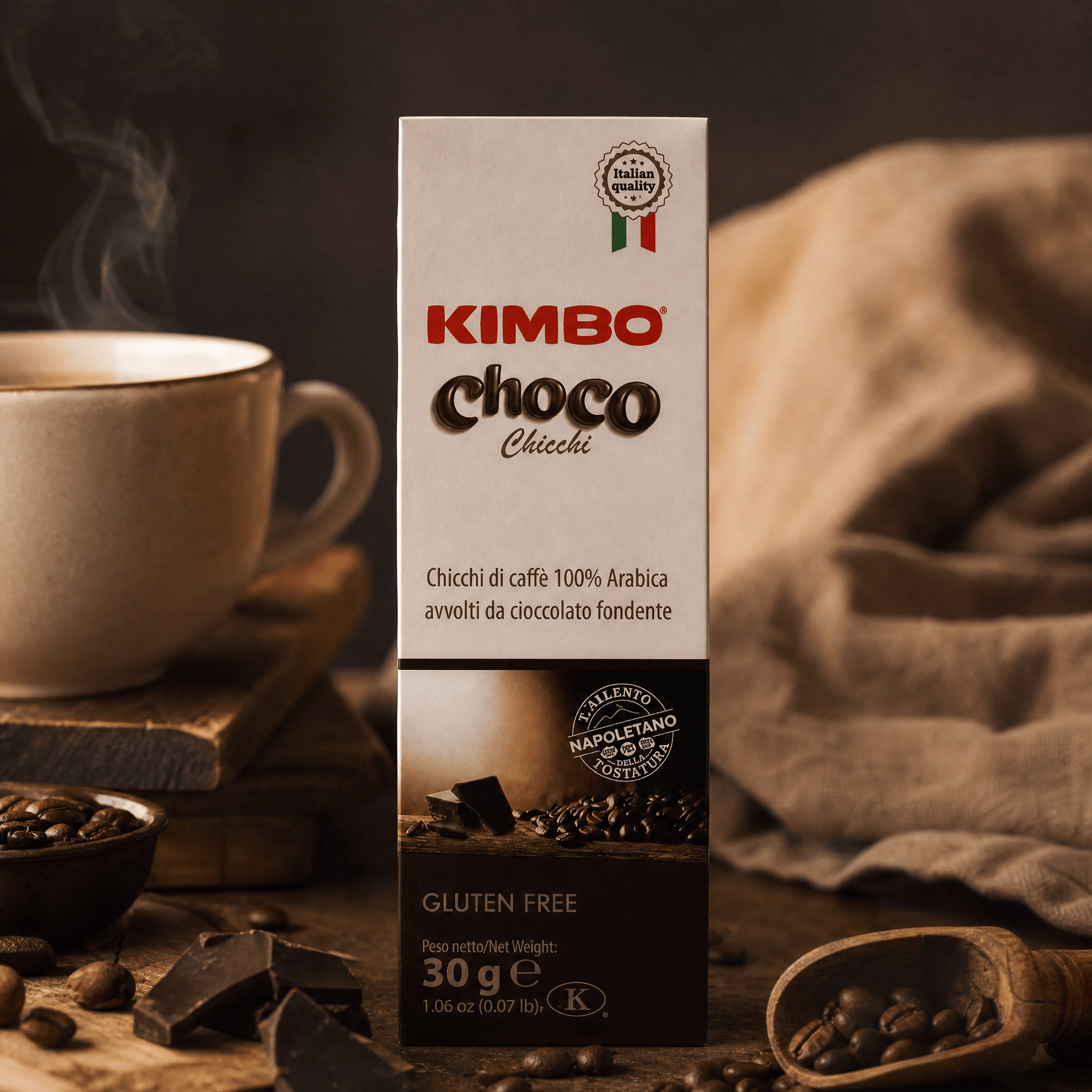 Close up of Kimbo Choco chocolate covered 100% Arabica coffee beans with dark chocolate and coffee powder coating, premium Italian coffee treat for coffee and chocolate lovers