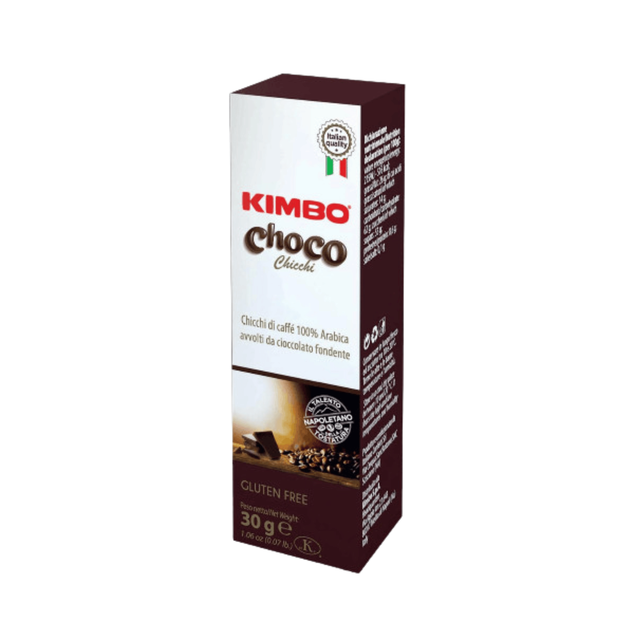 Kimbo Choco 30g close up of dark chocolate coated 100% Arabica coffee beans with coffee powder, premium Italian chocolate coffee snack for coffee lovers, cafés, offices and hospitality