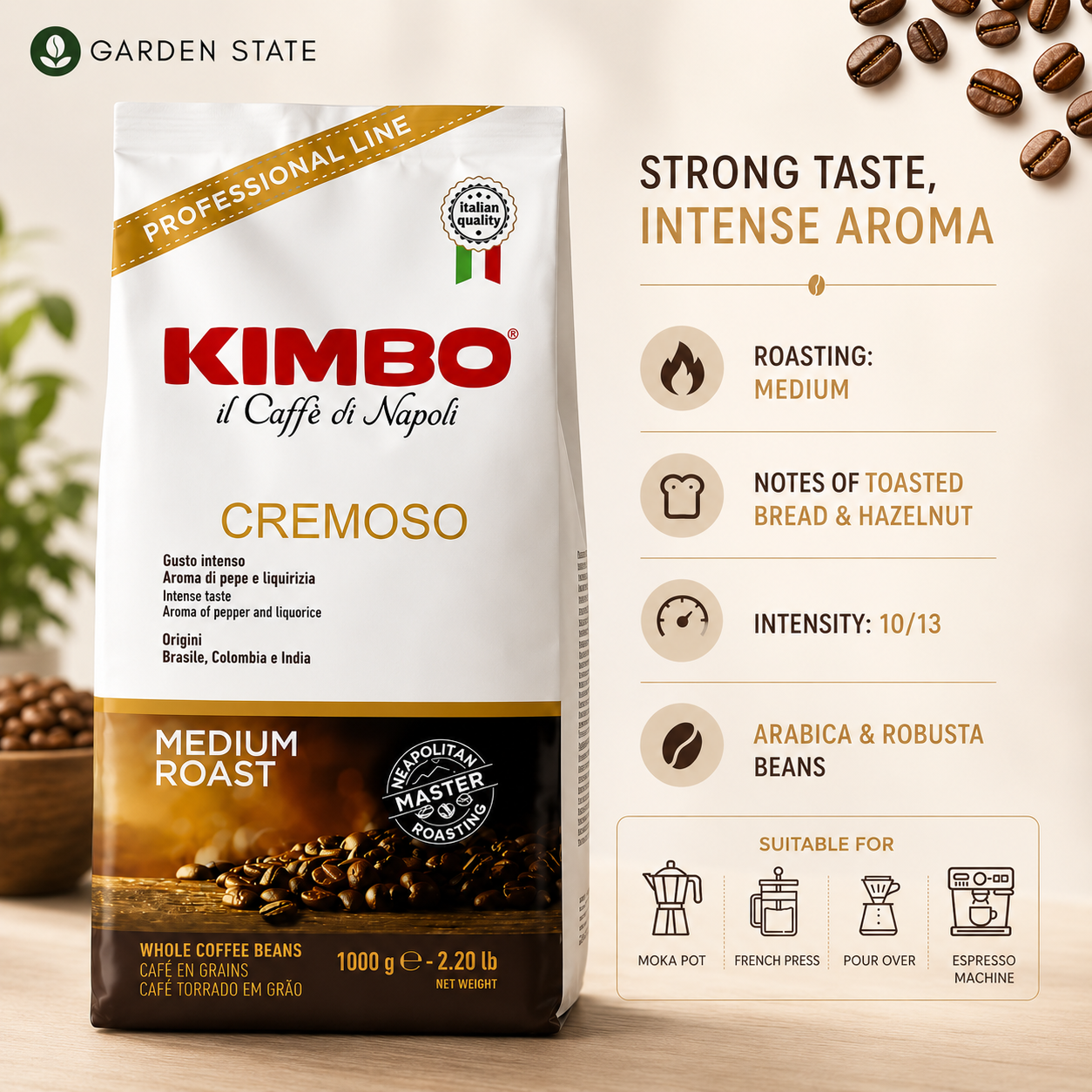 A package of Kimbo Cremoso whole coffee beans, 1kg, with medium roast. Wholesale supply coffee for offices, horeca and hospitality.