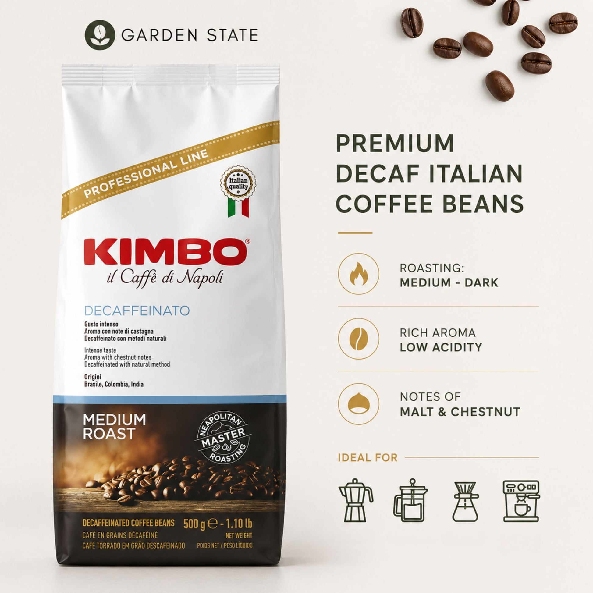 gardenstate Kimbo Decaffeinato Coffee Beans 500g medium roast decaf Italian coffee beans for offices hotels cafes restaurants and hospitality coffee supply suitable for espresso bean to cup and filter brewing