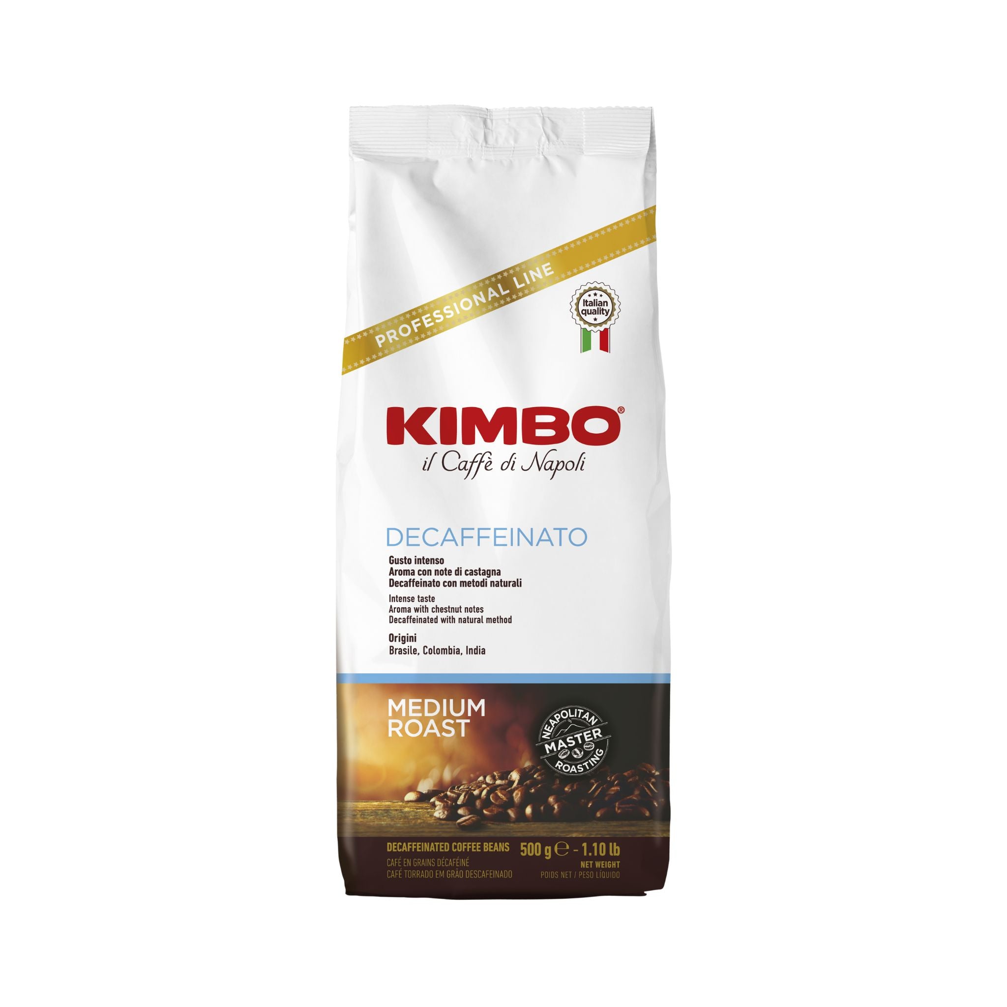 GardenState, Kimbo Decaffeinato whole coffee beans 500g bag, medium roast, CO² decaffeinated, full-bodied aroma with notes of chocolate and malt, Italian espresso style