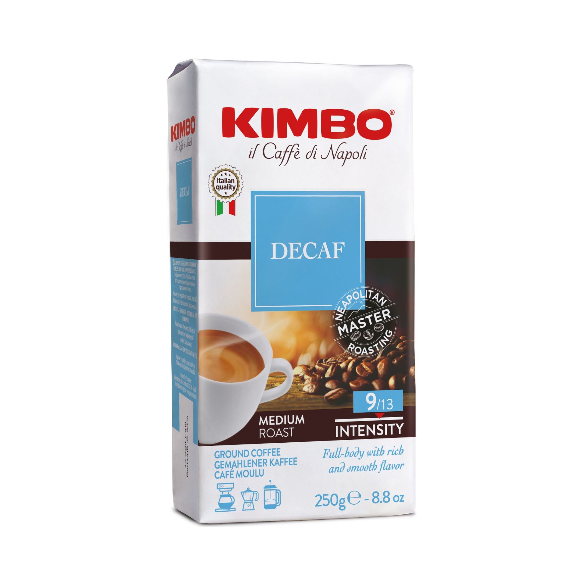 GardenState, Kimbo Decaf Ground Coffee 250g – Italian medium roast Arabica Robusta decaffeinated blend with chestnut and spicy flavors, ideal for cafés, hotels, restaurants and office coffee supply in Singapore.