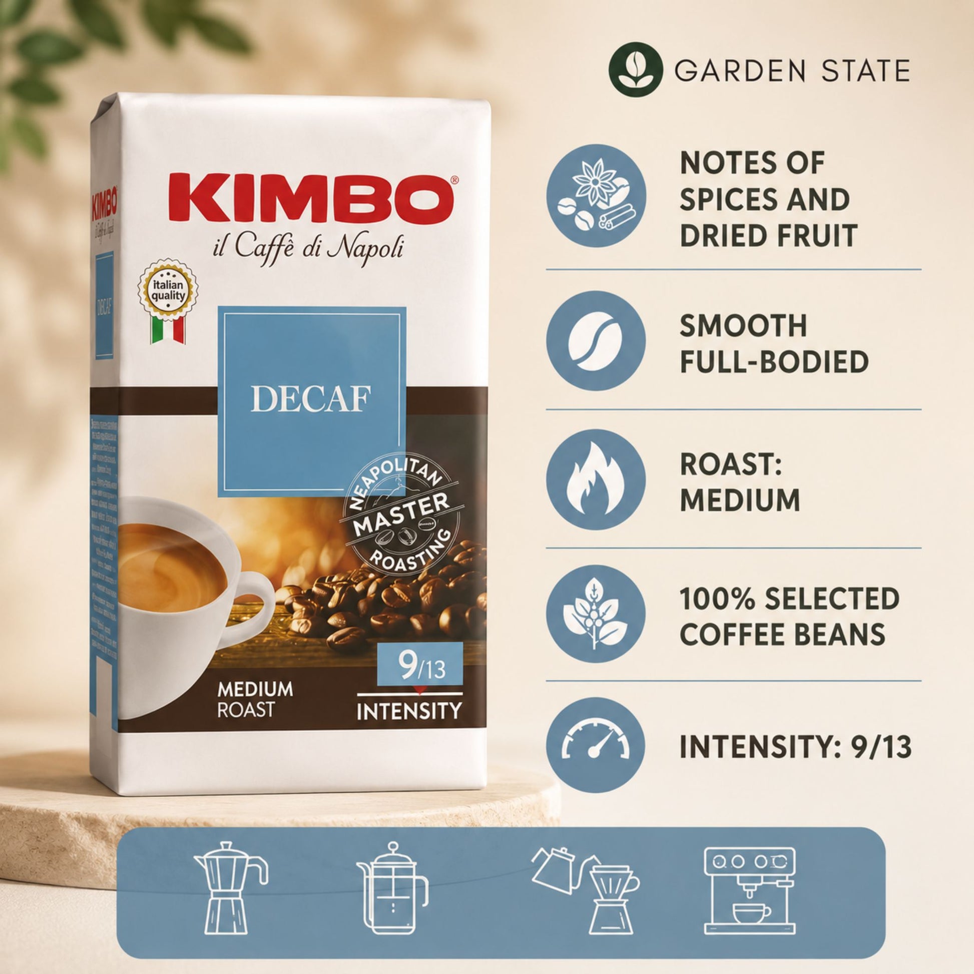 GardenState, Kimbo Decaf Ground Coffee 250g – Italian medium roast Arabica Robusta decaffeinated blend with chestnut and spicy flavors, ideal for ship chandlers, vessel, maritime industry. 