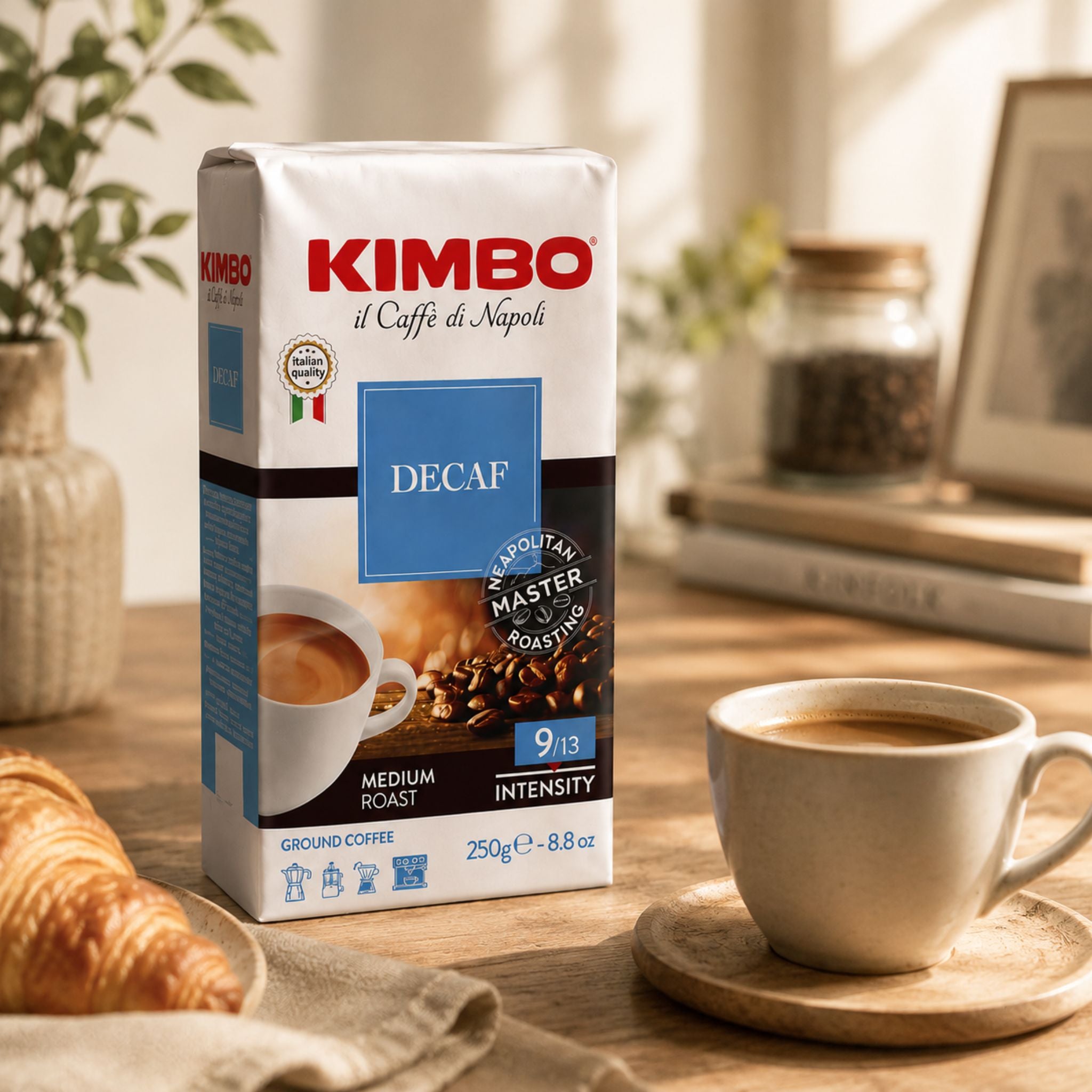 GardenState, Kimbo Decaf Ground Coffee 250g – Italian medium roast Arabica Robusta decaffeinated blend with chestnut and spicy flavors, ideal for ship chandlers, vessel, maritime industry. 