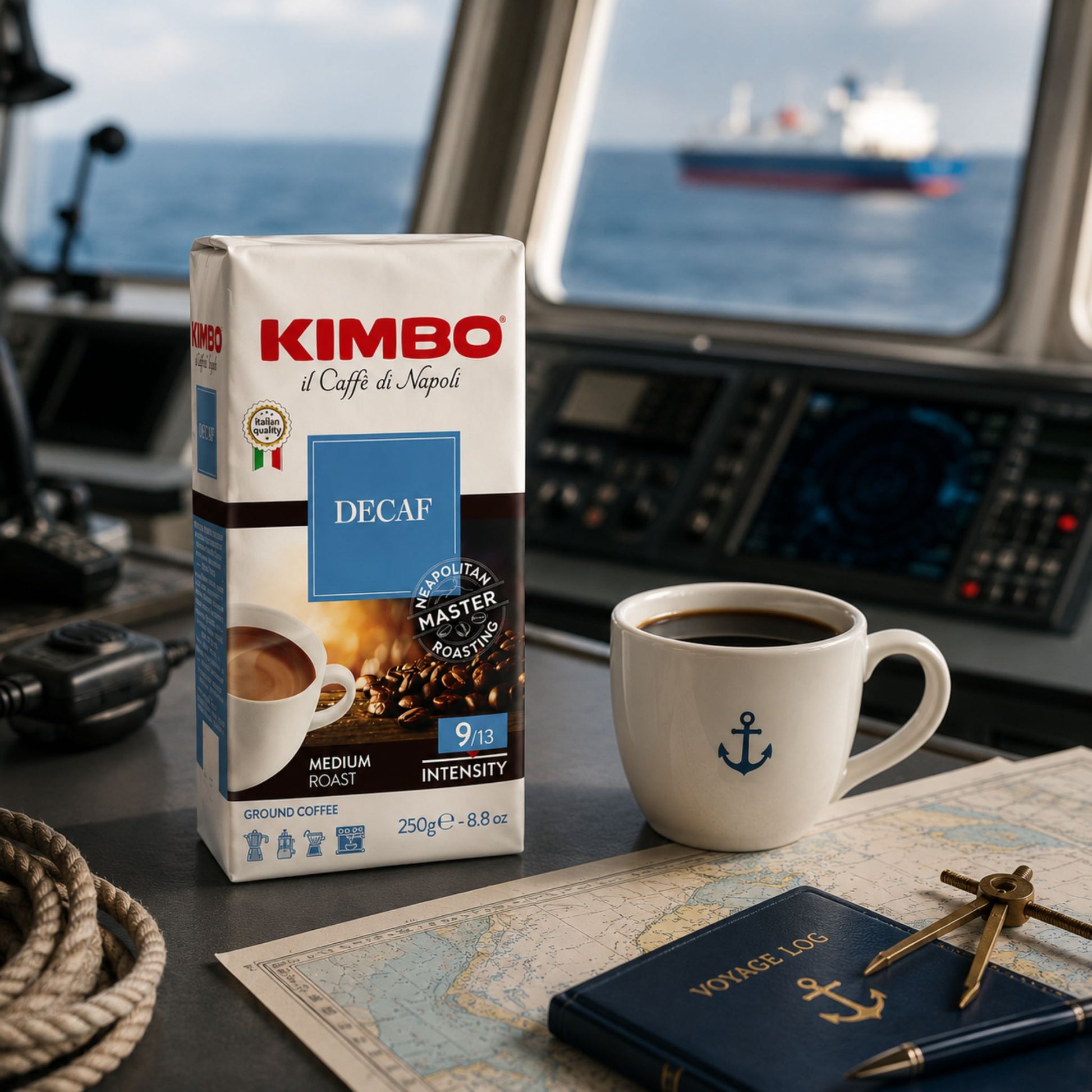 GardenState, Kimbo Decaf Ground Coffee 250g – Italian medium roast Arabica Robusta decaffeinated blend with chestnut and spicy flavors, ideal for ship chandlers, vessel, maritime industry. 