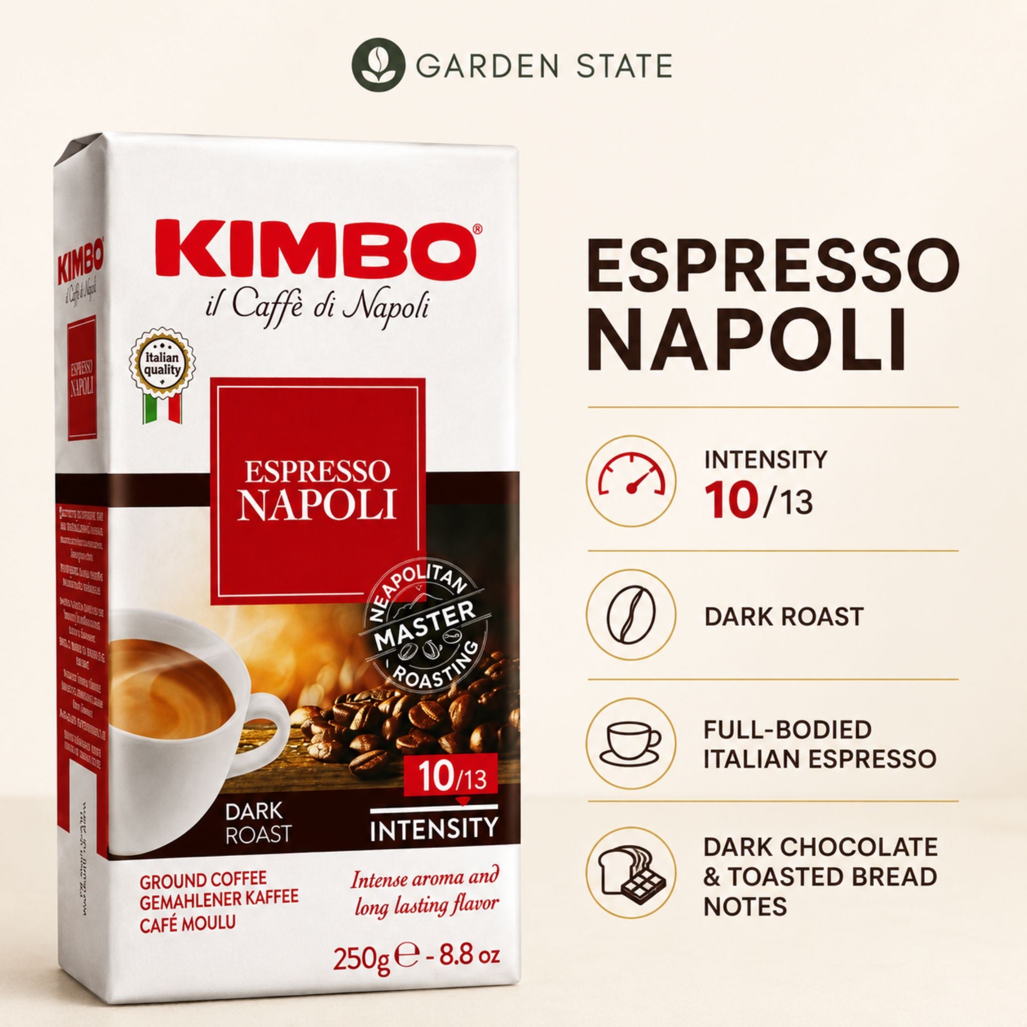 Gardenstate, Kimbo Barista Espresso Napoli Ground Coffee 250g – dark roast Italian blend with intensity 10/13, full body, toasted notes and subtle spice, ideal for espresso, moka pot, French press, and filter brewing in Singapore.