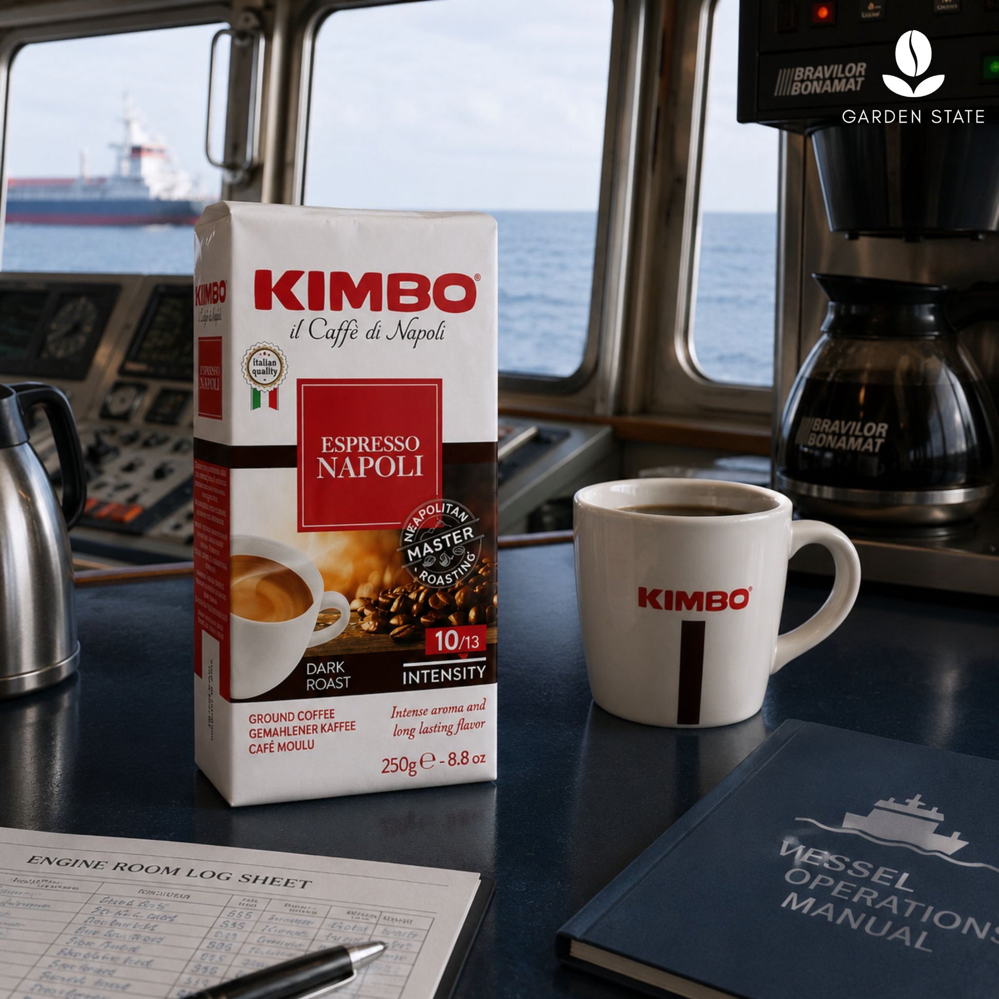 Gardenstate, Kimbo Barista Espresso Napoli Ground Coffee 250g – dark roast Italian blend with intensity 10/13, full body, toasted notes and subtle spice, ideal for ship chandlers, vessel supply, maritime industry.