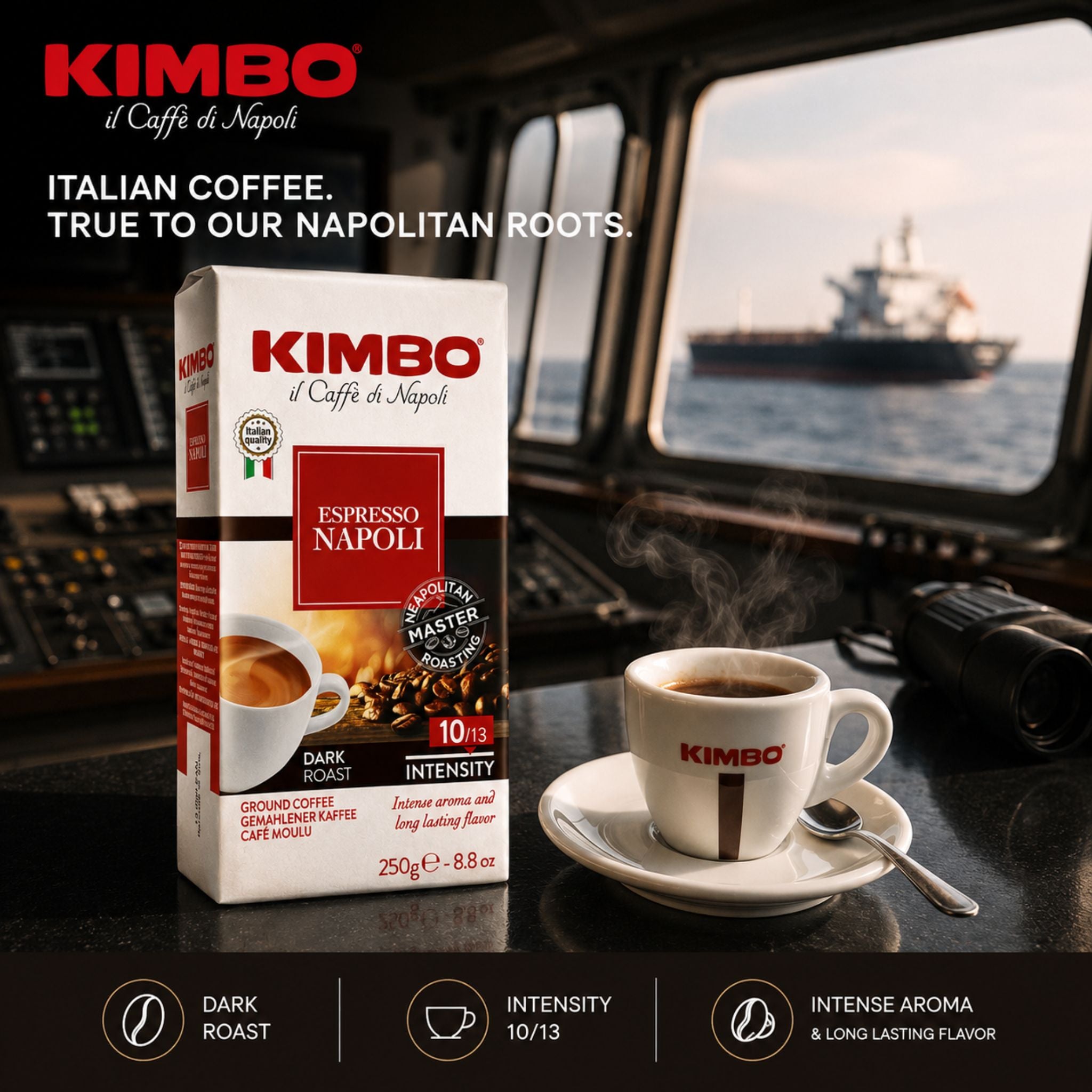 Gardenstate, Kimbo Barista Espresso Napoli Ground Coffee 250g – dark roast Italian blend with intensity 10/13, full body, toasted notes and subtle spice, ideal for ship chandlers, vessel supply, maritime industry.