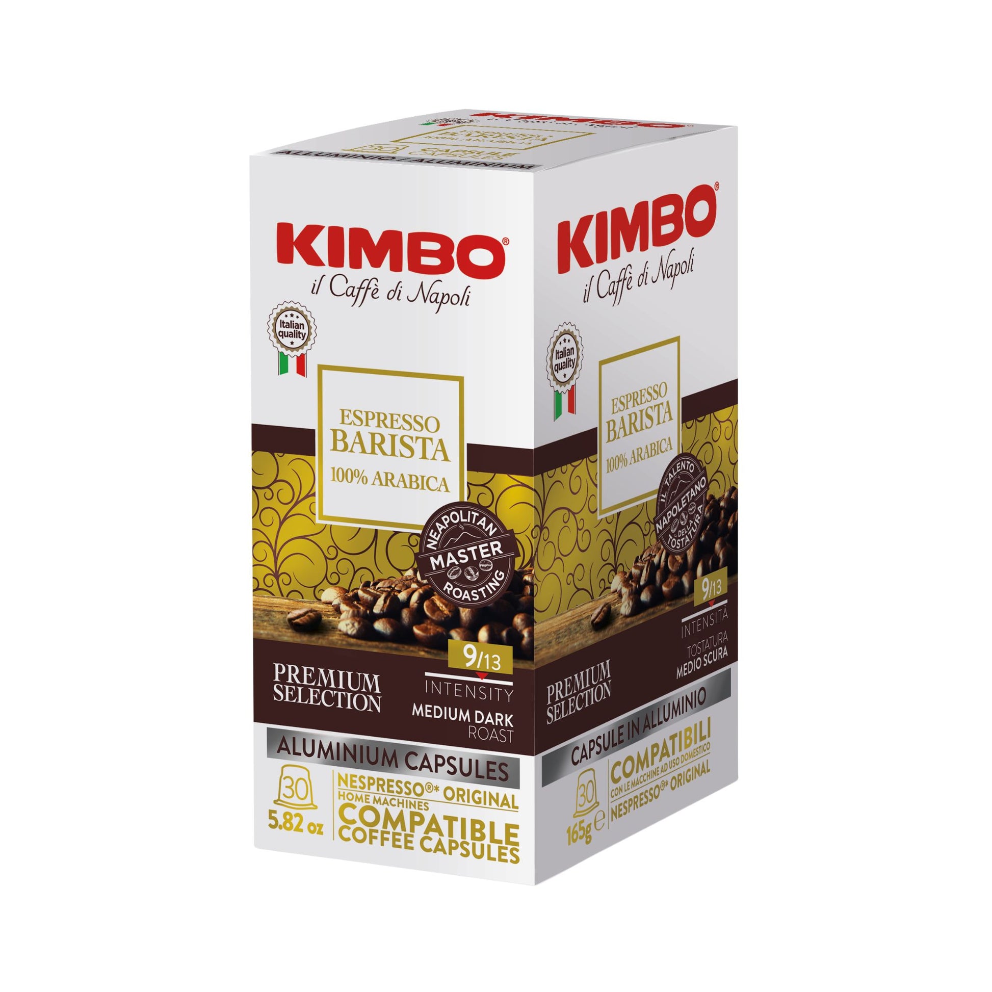 GardenState, Kimbo Barista 100% Arabica Nespresso compatible capsules, 30-pack. Medium-dark roast with 9/13 intensity, smooth and balanced espresso with rich aroma and elegant flavor.