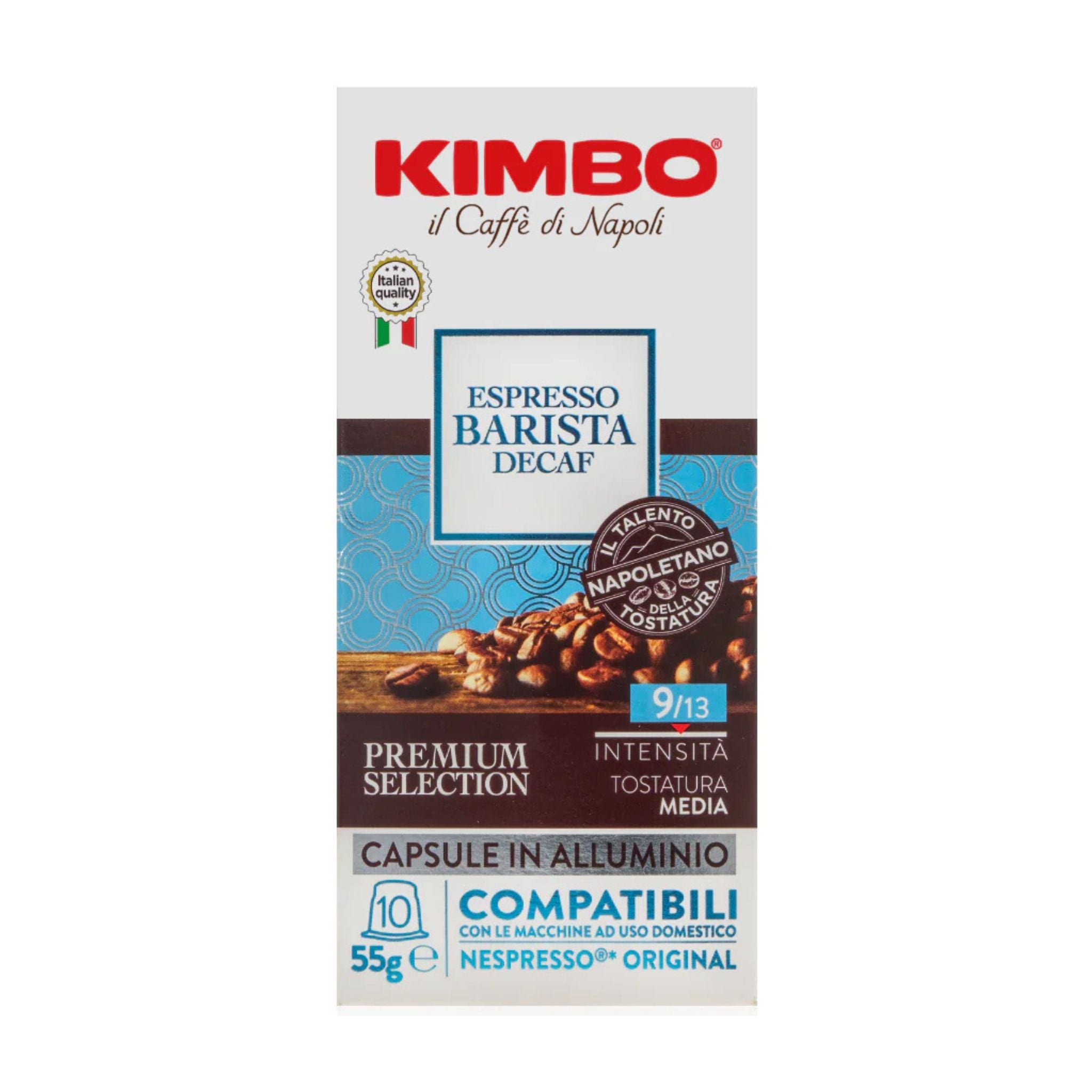 GardenState, Kimbo Espresso Barista Decaf – 10 Nespresso® compatible capsules. Medium-dark roast (intensity 9/13) with delicate notes of dry chestnut. Full-bodied, rich flavor. Aluminium capsules. Made in Italy.