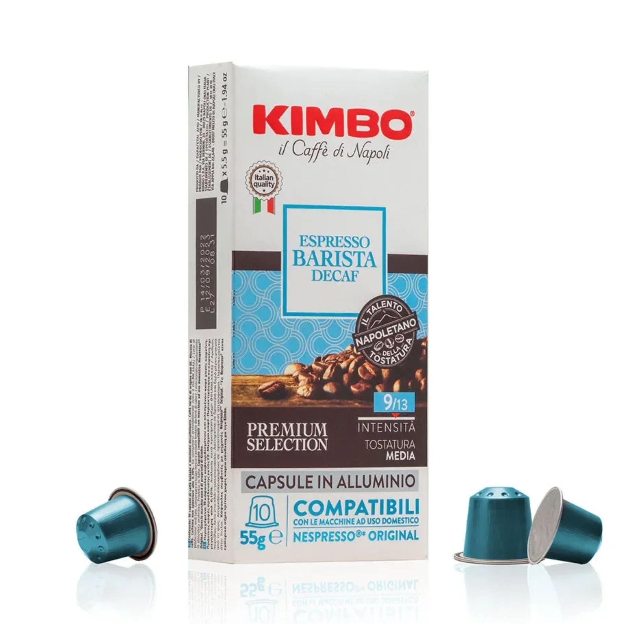GardenState, Kimbo Espresso Barista Decaf – 10 Nespresso® compatible capsules. Medium-dark roast (intensity 9/13) with delicate notes of dry chestnut. Full-bodied, rich flavor. Aluminium capsules. Made in Italy.