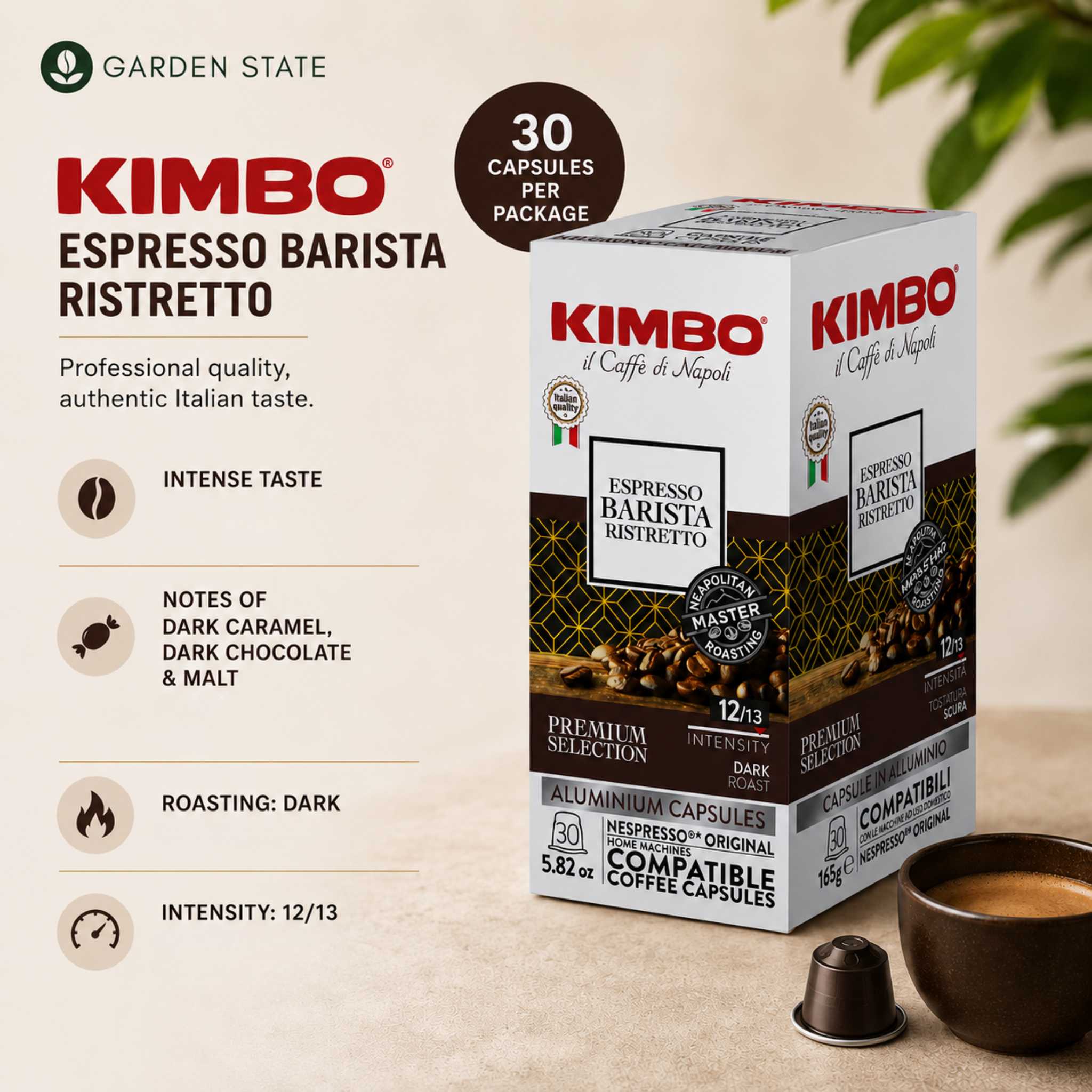 gardenstate Kimbo Espresso Barista Ristretto 30 Nespresso capsules – dark roast. ideal for cafés, hotels, offices and hospitality serving bold Italian espresso.