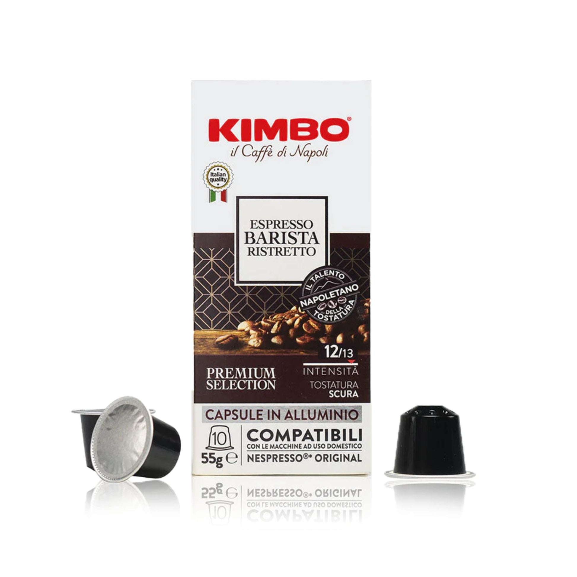 GardenState,  Kimbo Ristretto aluminium capsules for Nespresso® machines, dark roast 12/13, intense flavour with caramel, chocolate, and malt notes—ideal for professional coffee service.
