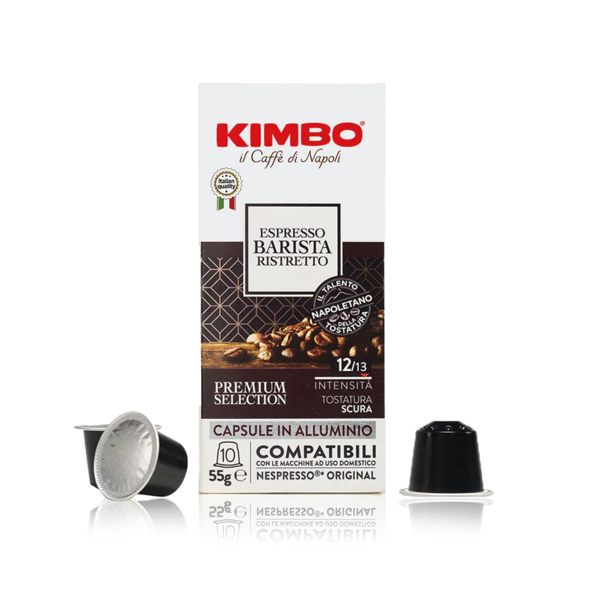GardenState,  Kimbo Ristretto aluminium capsules for Nespresso® machines, dark roast 12/13, intense flavour with caramel, chocolate, and malt notes—ideal for professional coffee service.