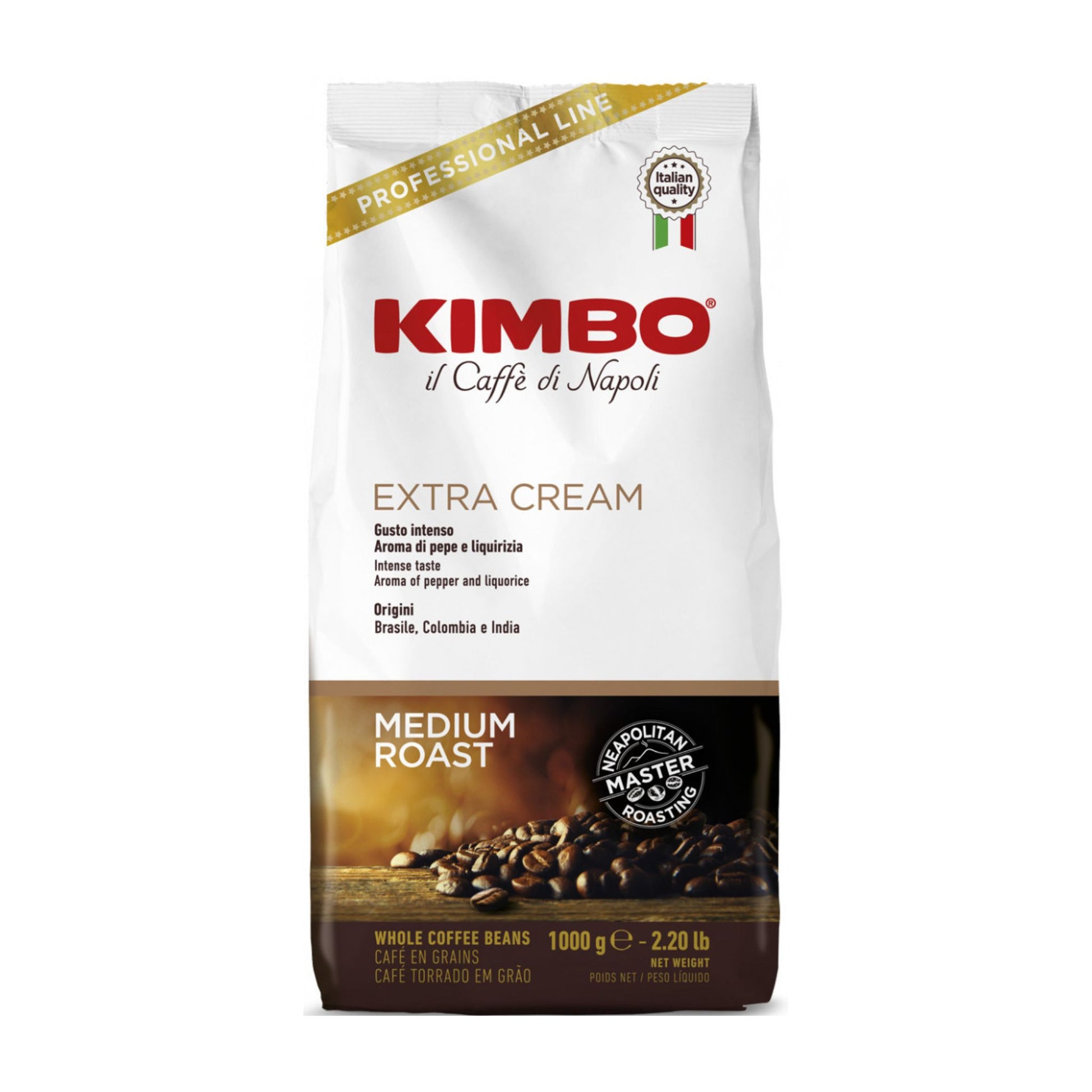 GardenState, Kimbo Extra Cream 1kg whole coffee beans, medium roast, 6/10 intensity, roasted in Italy. Spicy aroma with notes of pepper and liquorice. Ideal for espresso, latte, and cappuccino.