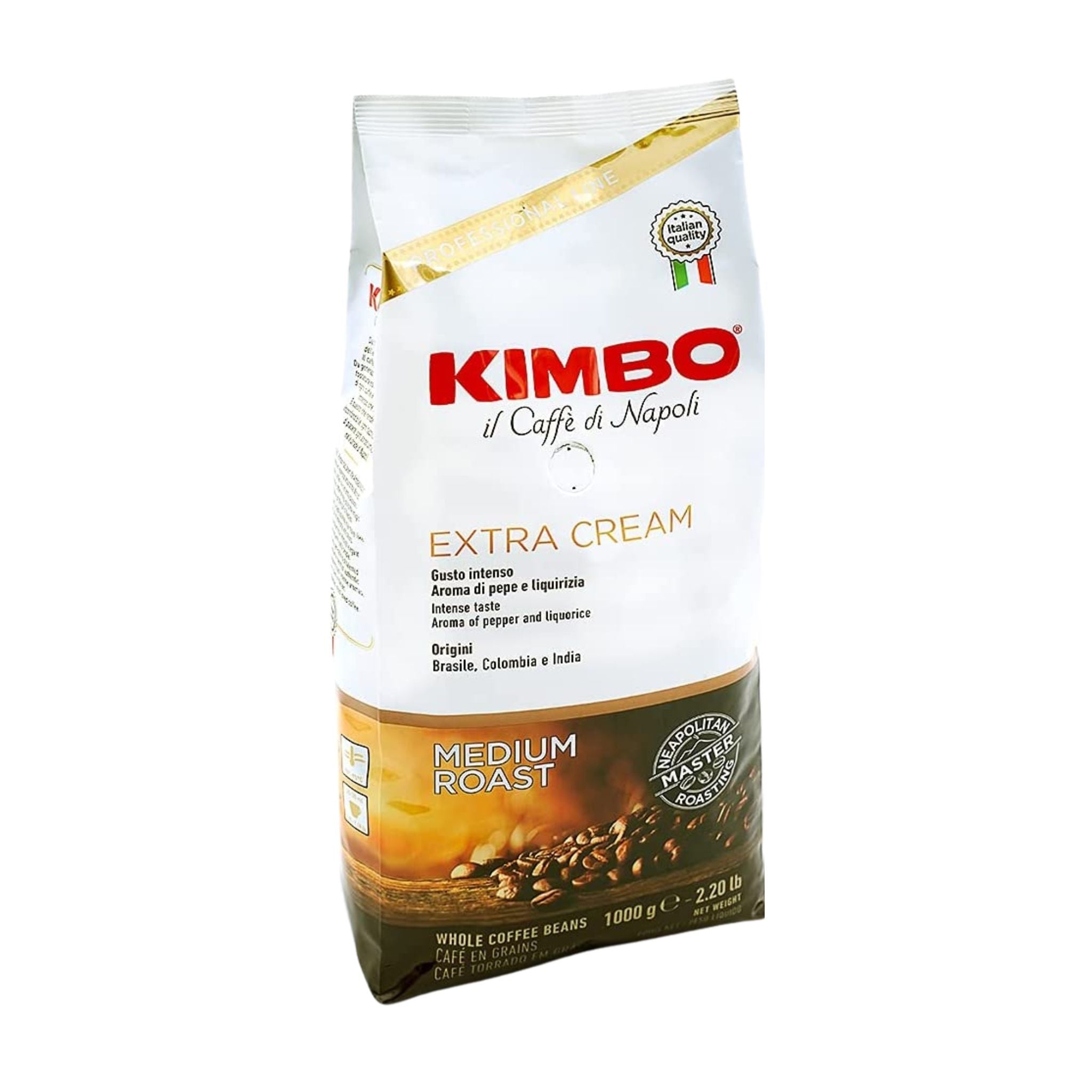 GardenState, Kimbo Extra Cream 1kg whole coffee beans, medium roast, 6/10 intensity, roasted in Italy. Spicy aroma with notes of pepper and liquorice. Ideal for espresso, latte, and cappuccino.