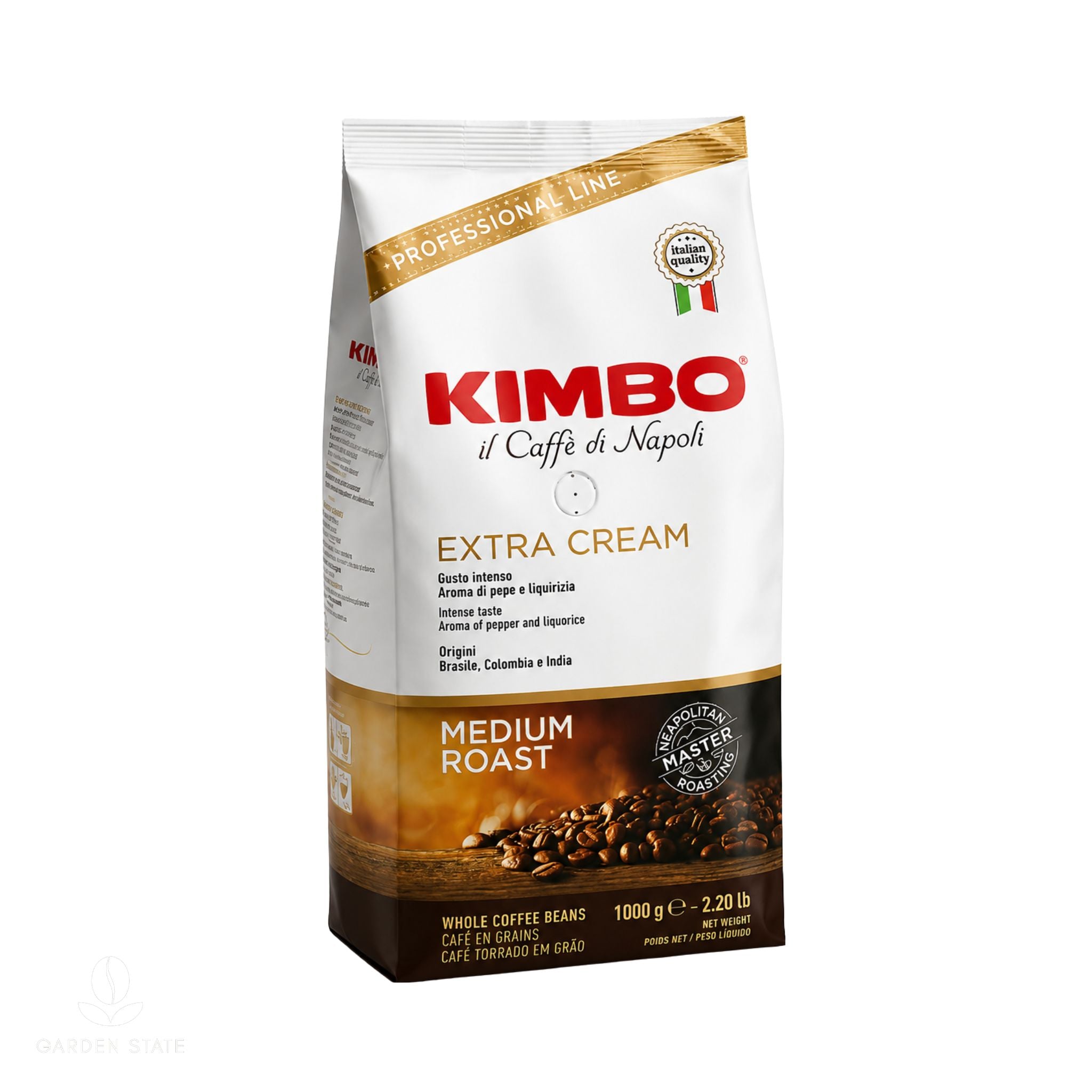GardenState, Kimbo Extra Cream 1kg whole coffee beans, medium roast, 6/10 intensity, roasted in Italy. Spicy aroma with notes of pepper and liquorice. Ideal for espresso, latte, and cappuccino.