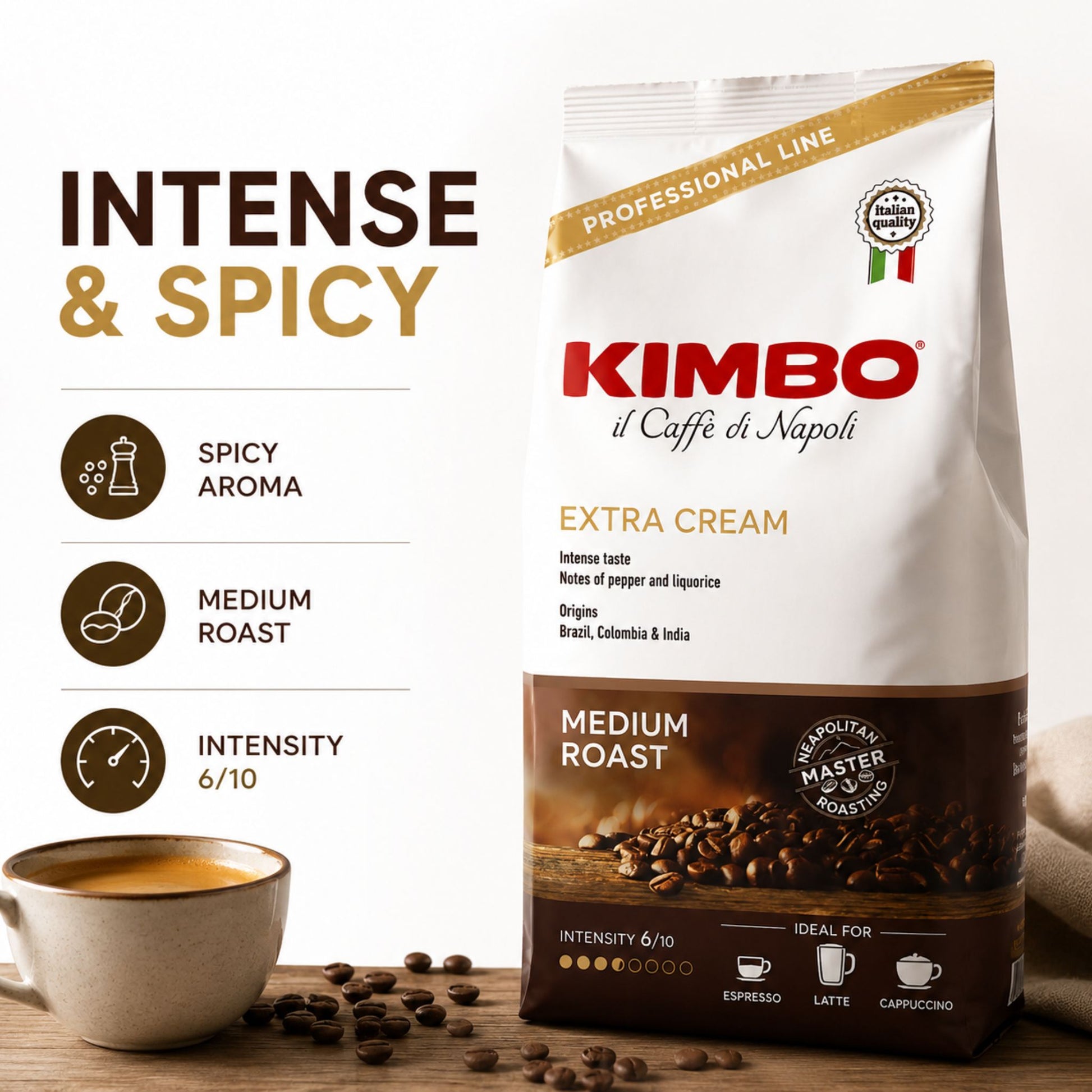 GardenState, Kimbo Extra Cream 1kg whole coffee beans, medium roast, 6/10 intensity, roasted in Italy. Spicy aroma with notes of pepper and liquorice. Ideal for espresso, latte, and cappuccino.