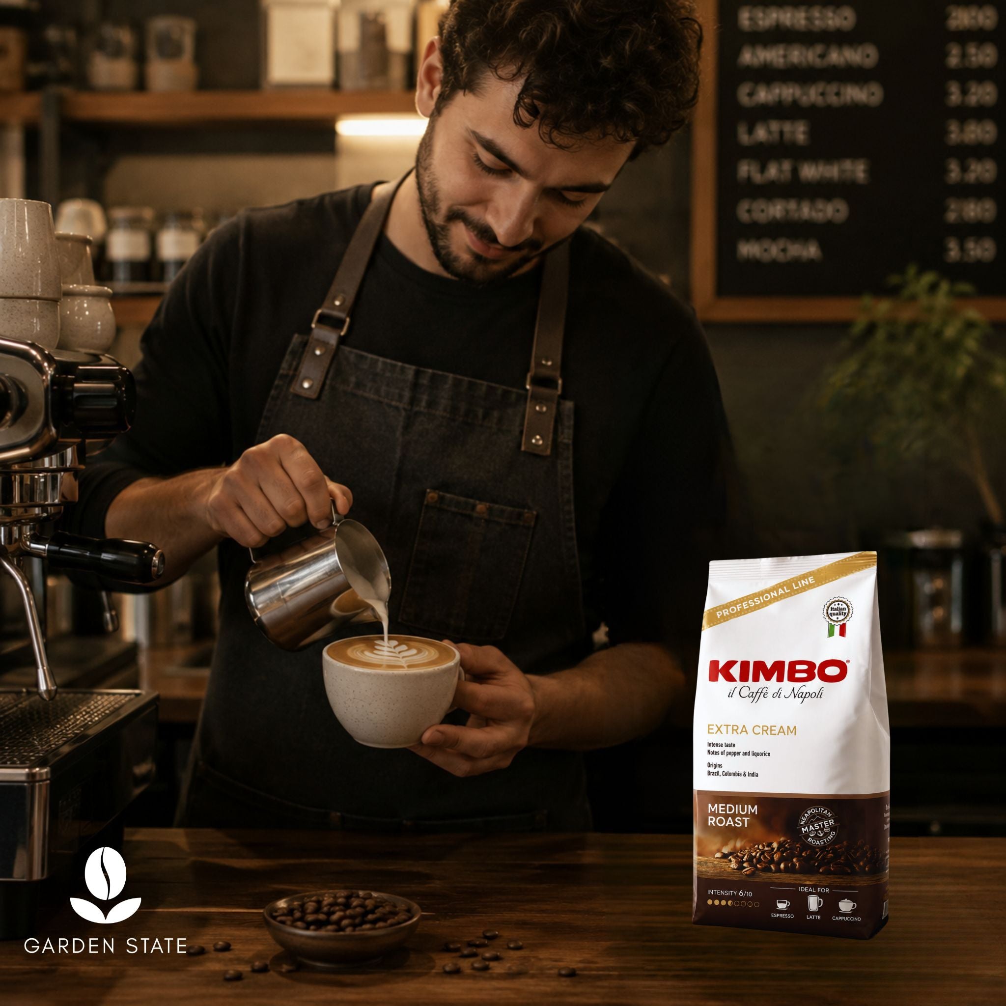 GardenState, Kimbo Extra Cream 1kg whole coffee beans, medium roast, 6/10 intensity, roasted in Italy. Spicy aroma with notes of pepper and liquorice. Ideal for espresso, latte, and cappuccino.