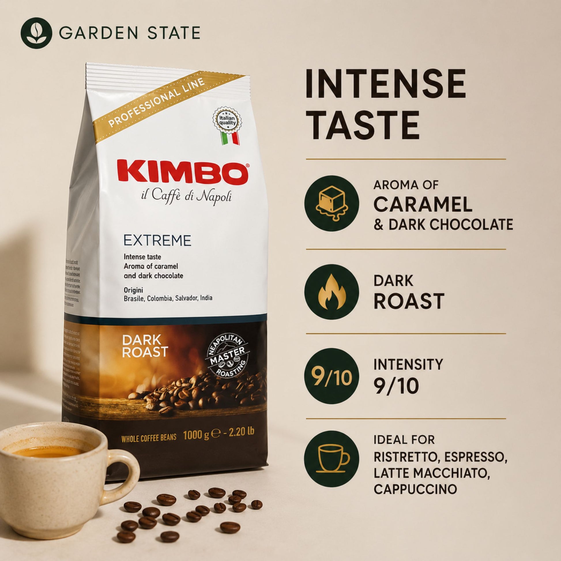 GardenState, Kimbo Extreme 1kg Whole Coffee Beans – dark roast, 9/10 intensity with full-bodied flavor and notes of caramel and chocolate, ideal for espresso and milk-based drinks
