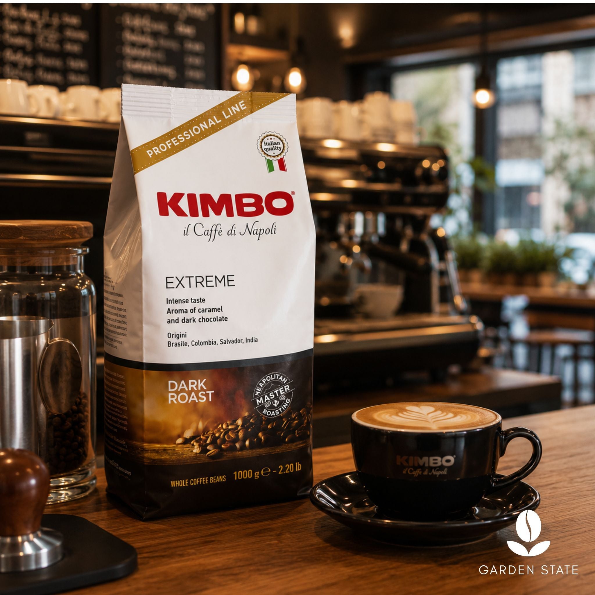 GardenState, Kimbo Extreme 1kg Whole Coffee Beans – dark roast, 9/10 intensity with full-bodied flavor and notes of caramel and chocolate, ideal for espresso and milk-based drinks