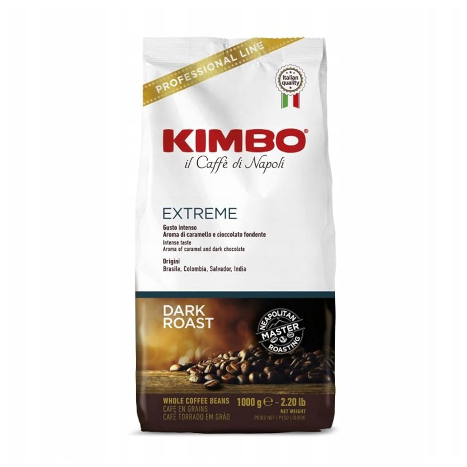 GardenState, Kimbo Extreme 1kg Whole Coffee Beans – dark roast, 9/10 intensity with full-bodied flavor and notes of caramel and chocolate, ideal for espresso and milk-based drinks