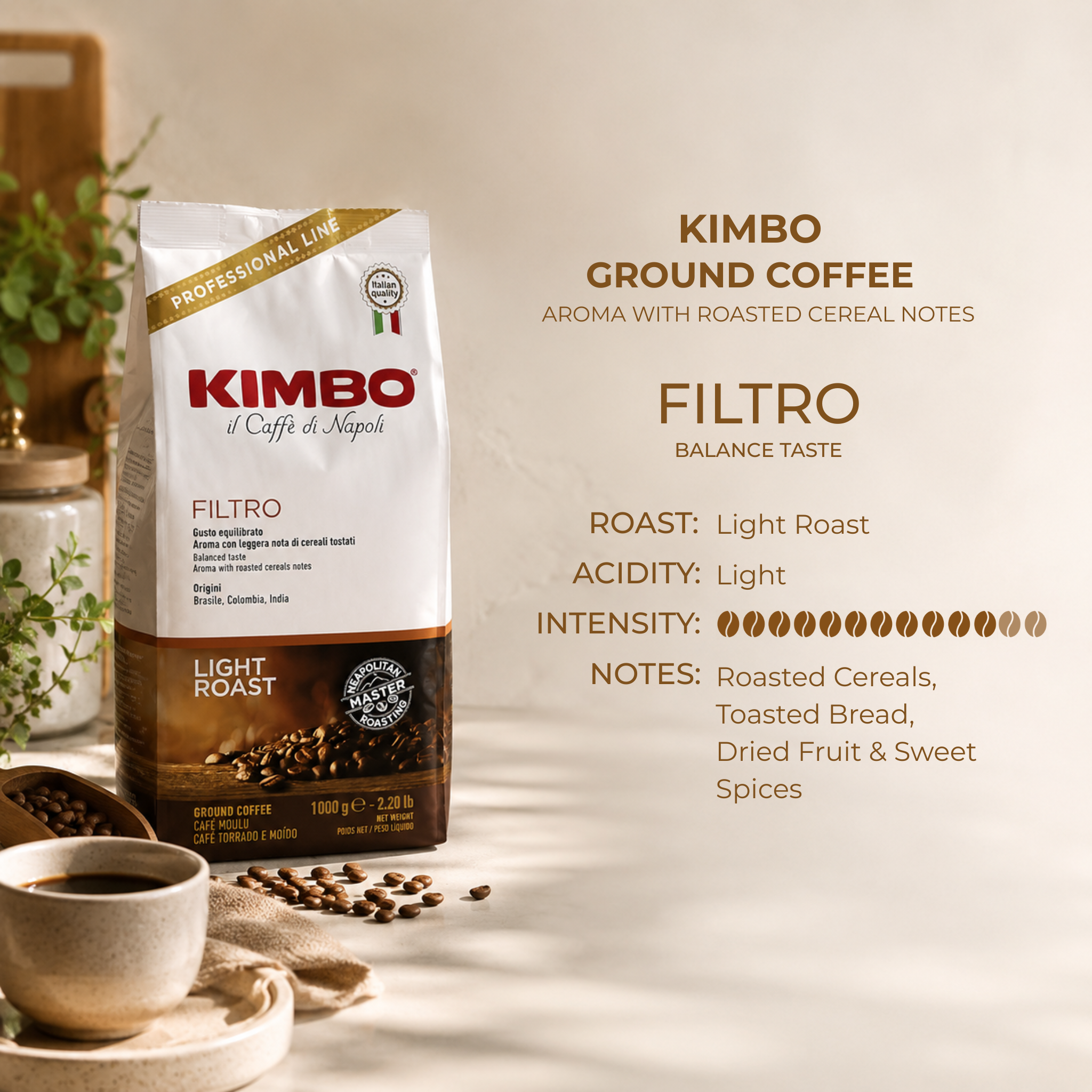 Kimbo Filtro Ground Coffee 1kg product information showing Light Roast, 11/13 Intensity and premium Italian ground coffee suitable for professional filter coffee service and home brewing