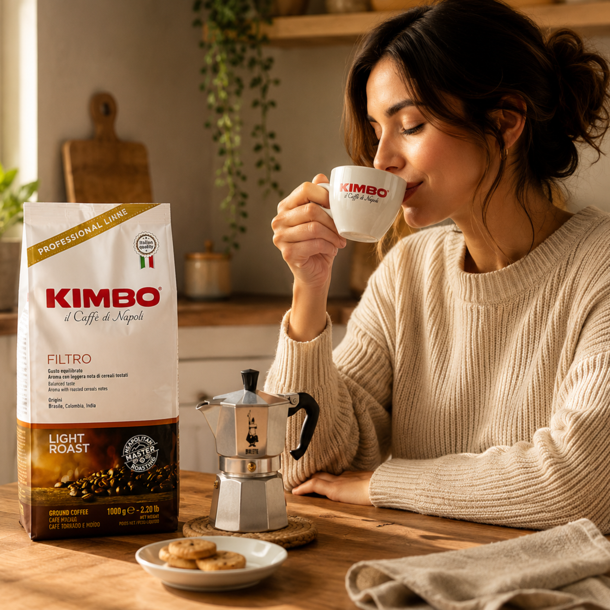 Person enjoying a cup of Kimbo Filtro Italian Ground Coffee, light roast 11/13 intensity coffee suitable for home brewing, workplace coffee breaks, cafés and everyday coffee enjoyment