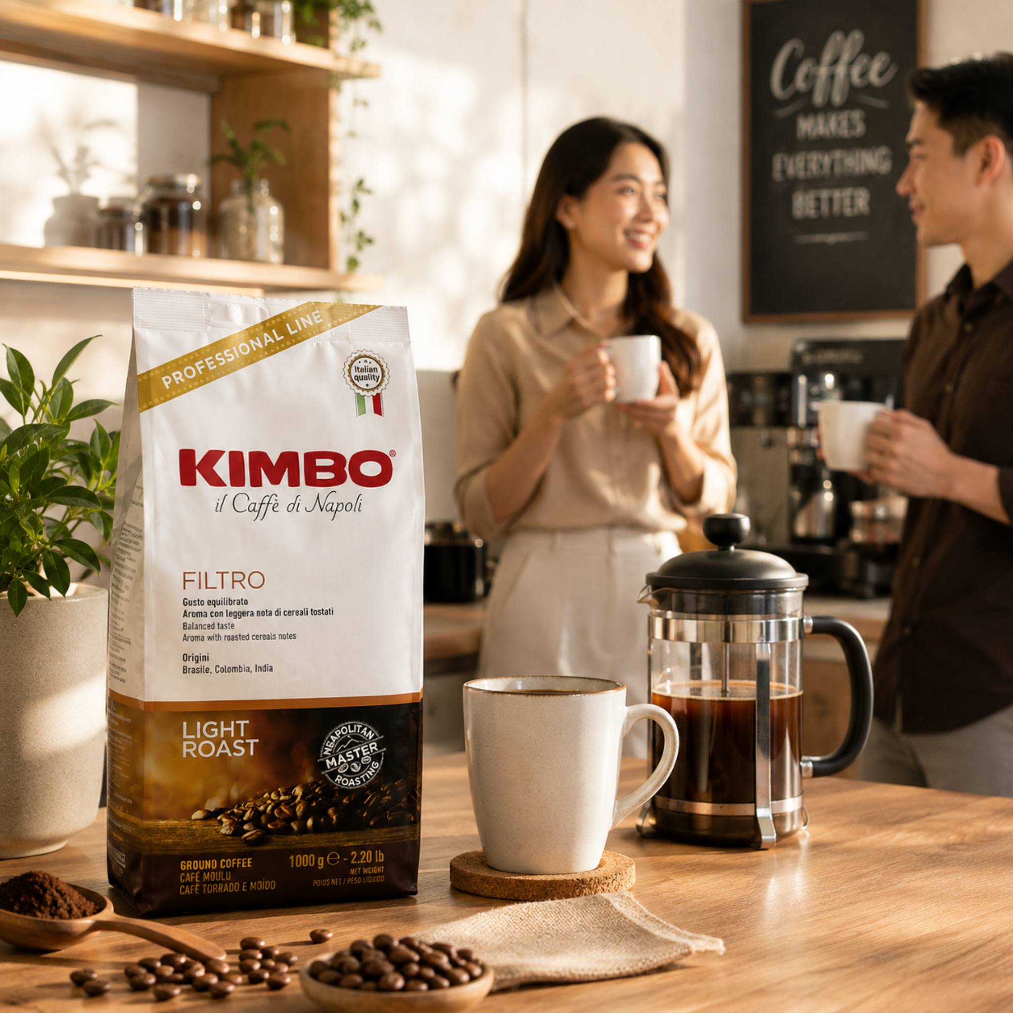 Kimbo Filtro Ground Coffee 1kg in a professional café, hotel or office setting, premium Italian filter coffee for commercial coffee service, hospitality, restaurants and workplace coffee programmes
