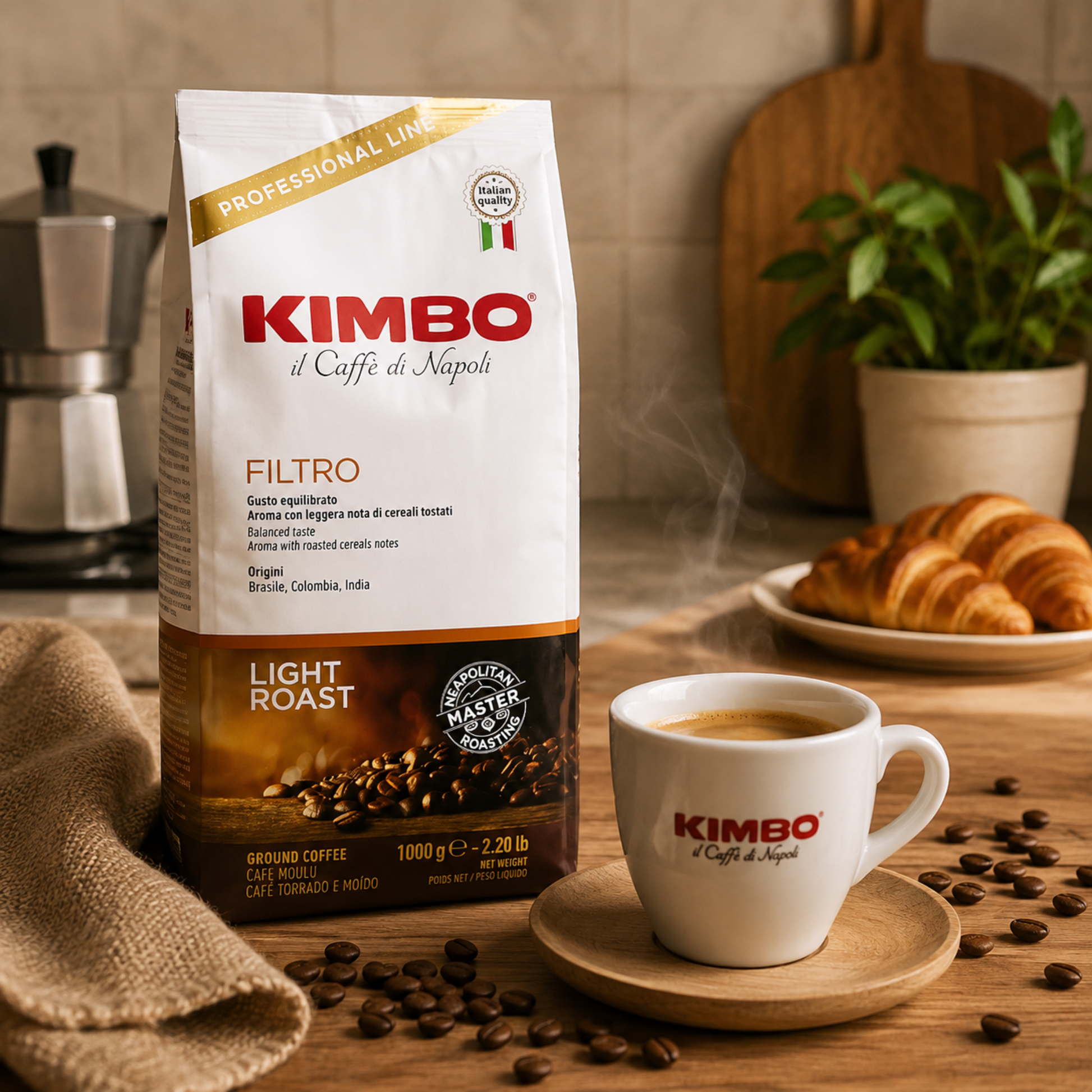 Close up of Kimbo Filtro Ground Coffee 1kg, Italian light roast coffee with 11/13 intensity, rich aroma and balanced full bodied flavour for commercial cafés, offices and home coffee preparation