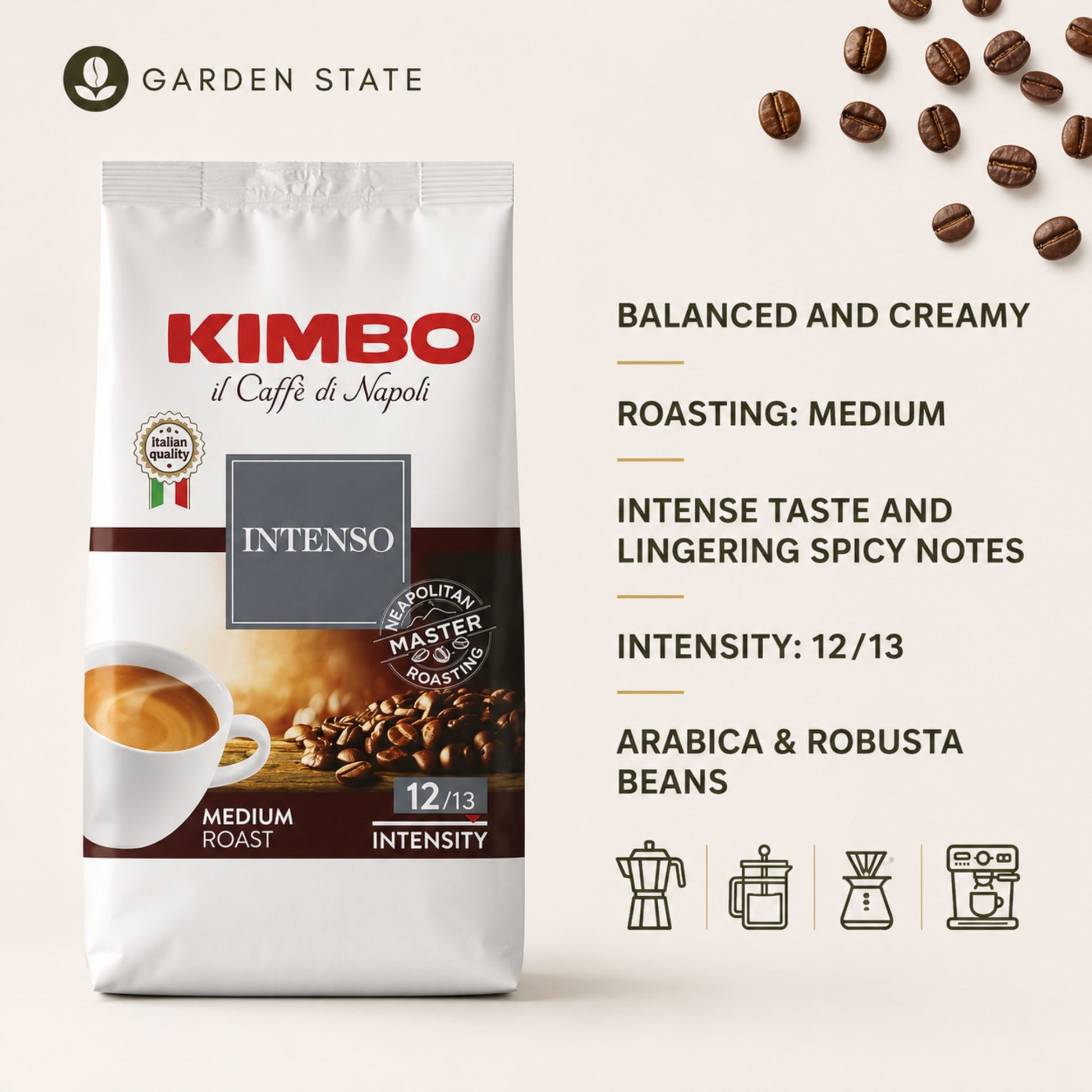 gardenstate Kimbo Intenso Coffee Beans 1kg medium roast Italian coffee beans for office pantry coffee hotel breakfast buffet ship chandlers maritime catering restaurants cafes bean to cup machines espresso machines hospitality supply Singapore