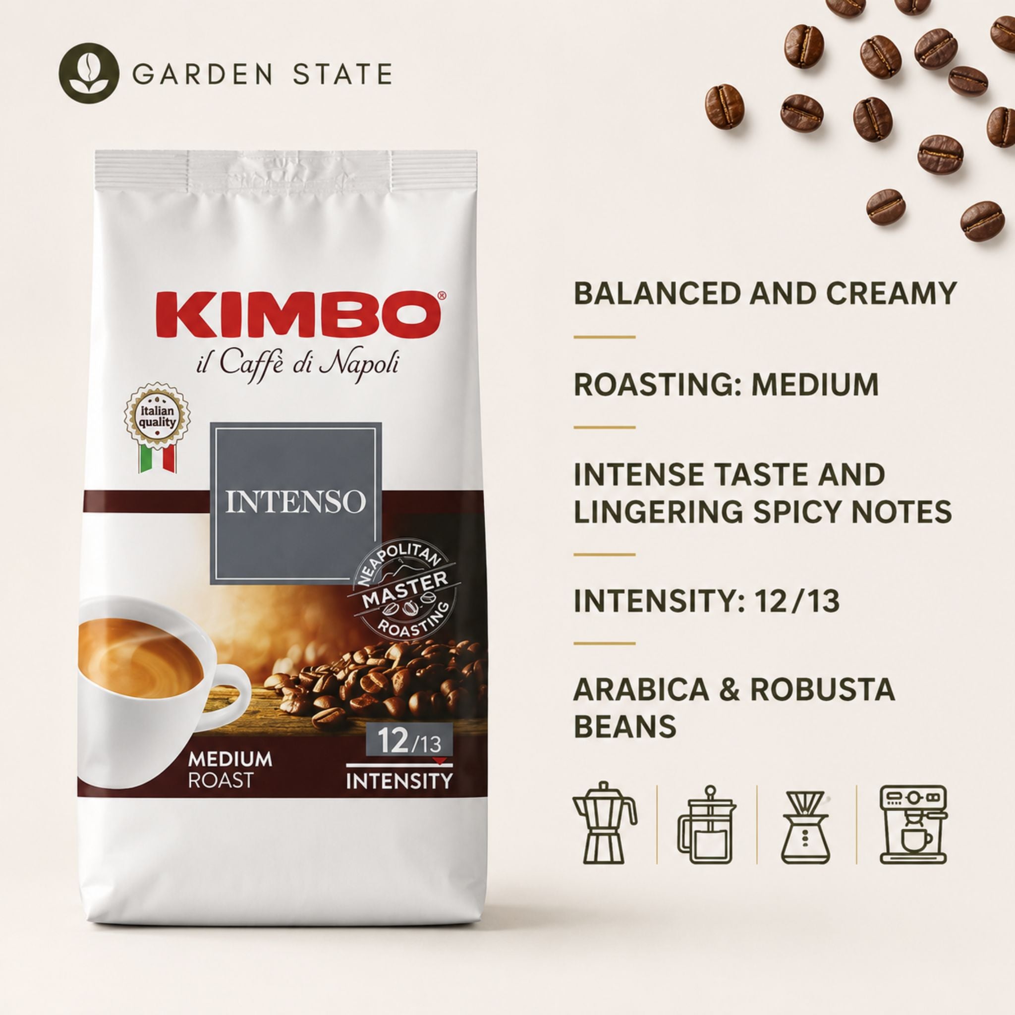 gardenstate Kimbo Intenso Coffee Beans 1kg medium roast Italian coffee beans for office pantry coffee hotel breakfast buffet ship chandlers maritime catering restaurants cafes bean to cup machines espresso machines hospitality supply Singapore