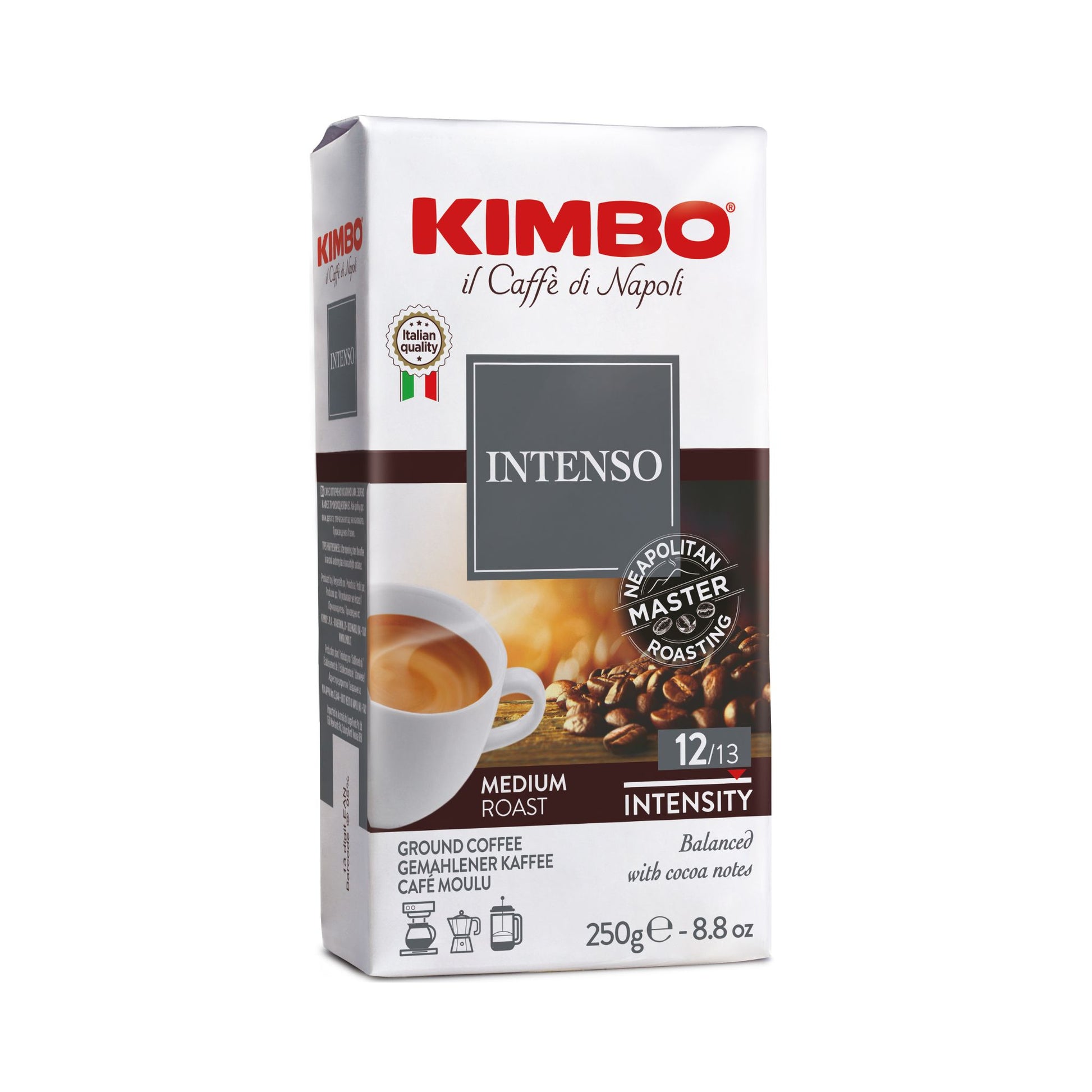 Gardenstate, Kimbo Intenso Ground Coffee 250g – premium Italian medium roast Arabica Robusta blend with intensity 12/13, strong flavour and persistent crema, ideal for cafés, hotels, restaurants, and office coffee supply in Singapore.