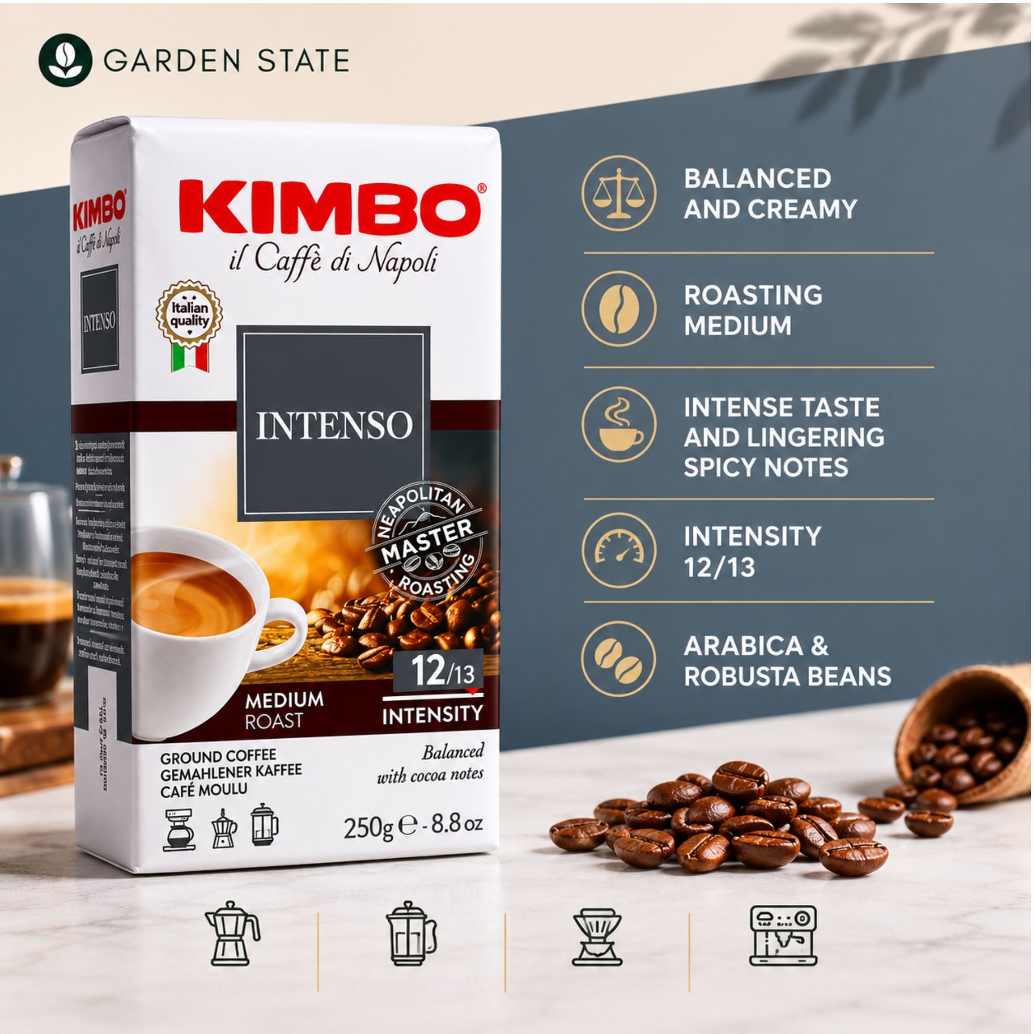 gardenstate Kimbo Intenso ground coffee 250g in ship engine control room, Italian Arabica Robusta coffee blend for maritime catering, vessel galley coffee service, offshore crews, ship chandlers and marine pantry supply Singapore