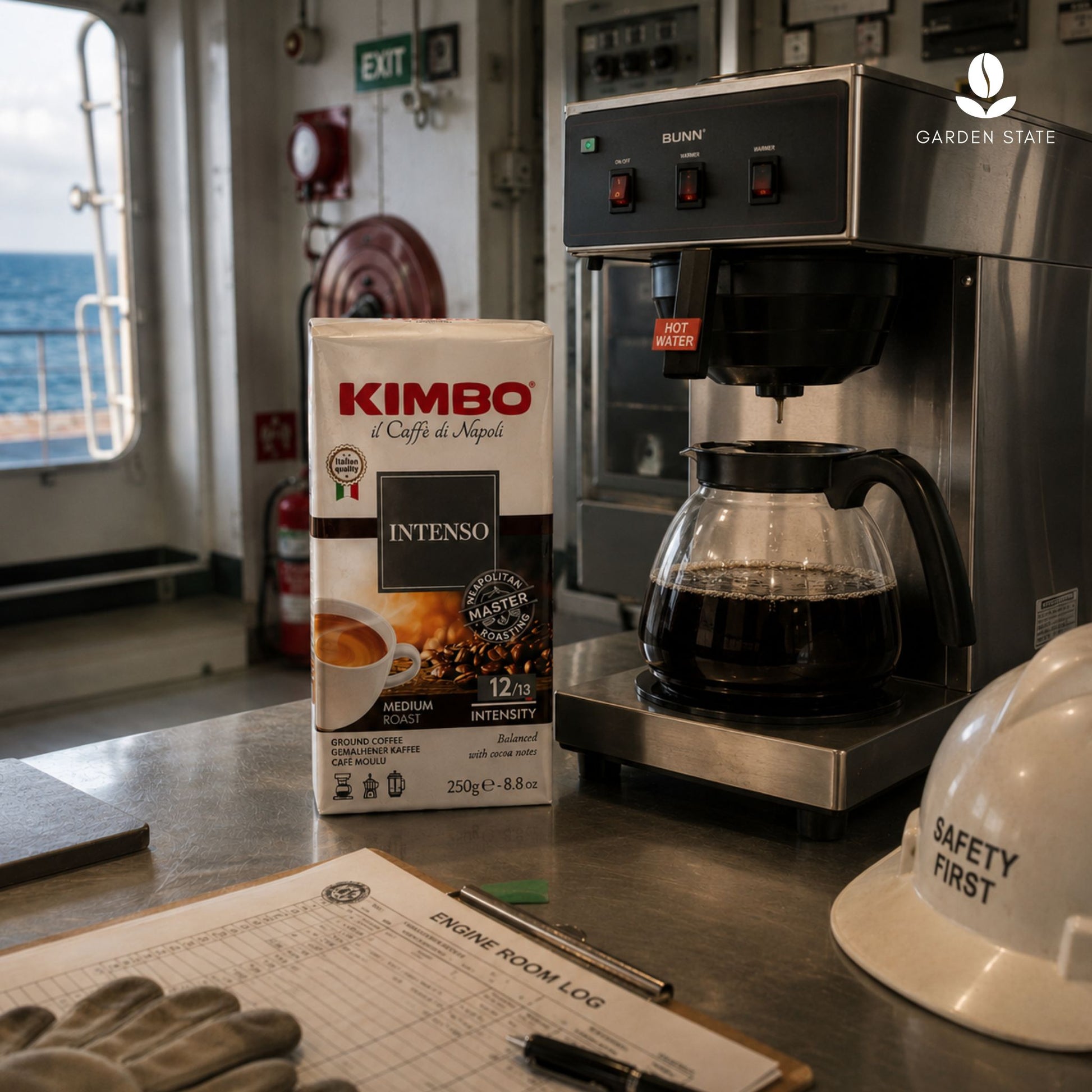 gardenstate Kimbo Intenso ground coffee 250g in ship engine control room, Italian Arabica Robusta coffee blend for maritime catering, vessel galley coffee service, offshore crews, ship chandlers and marine pantry supply Singapore