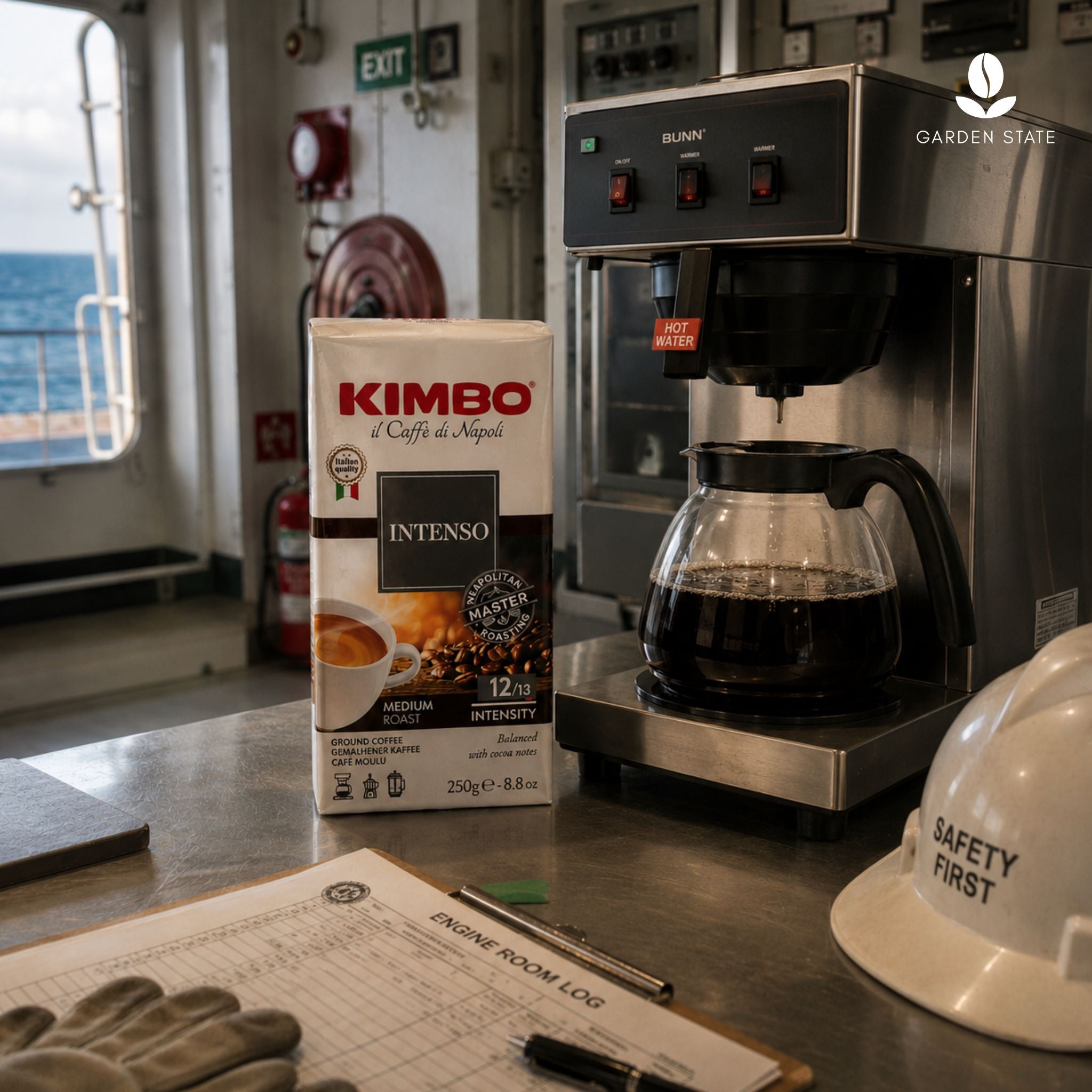 gardenstate Kimbo Intenso ground coffee 250g in ship engine control room, Italian Arabica Robusta coffee blend for maritime catering, vessel galley coffee service, offshore crews, ship chandlers and marine pantry supply Singapore