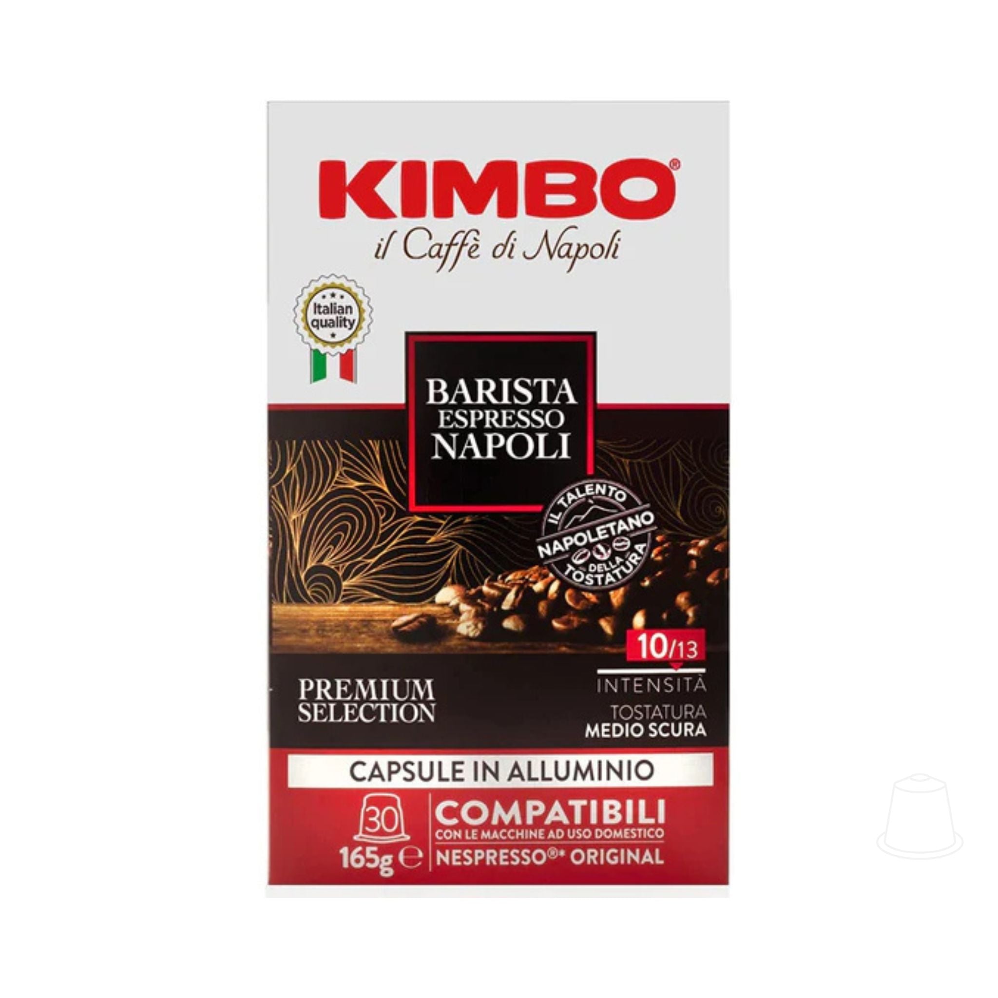 GardenState, Kimbo Barista Espresso Napoli Nespresso compatible capsules, 30-pack. Medium roast with 10/13 intensity, bold Italian flavor and smooth crema for professional espresso lovers.