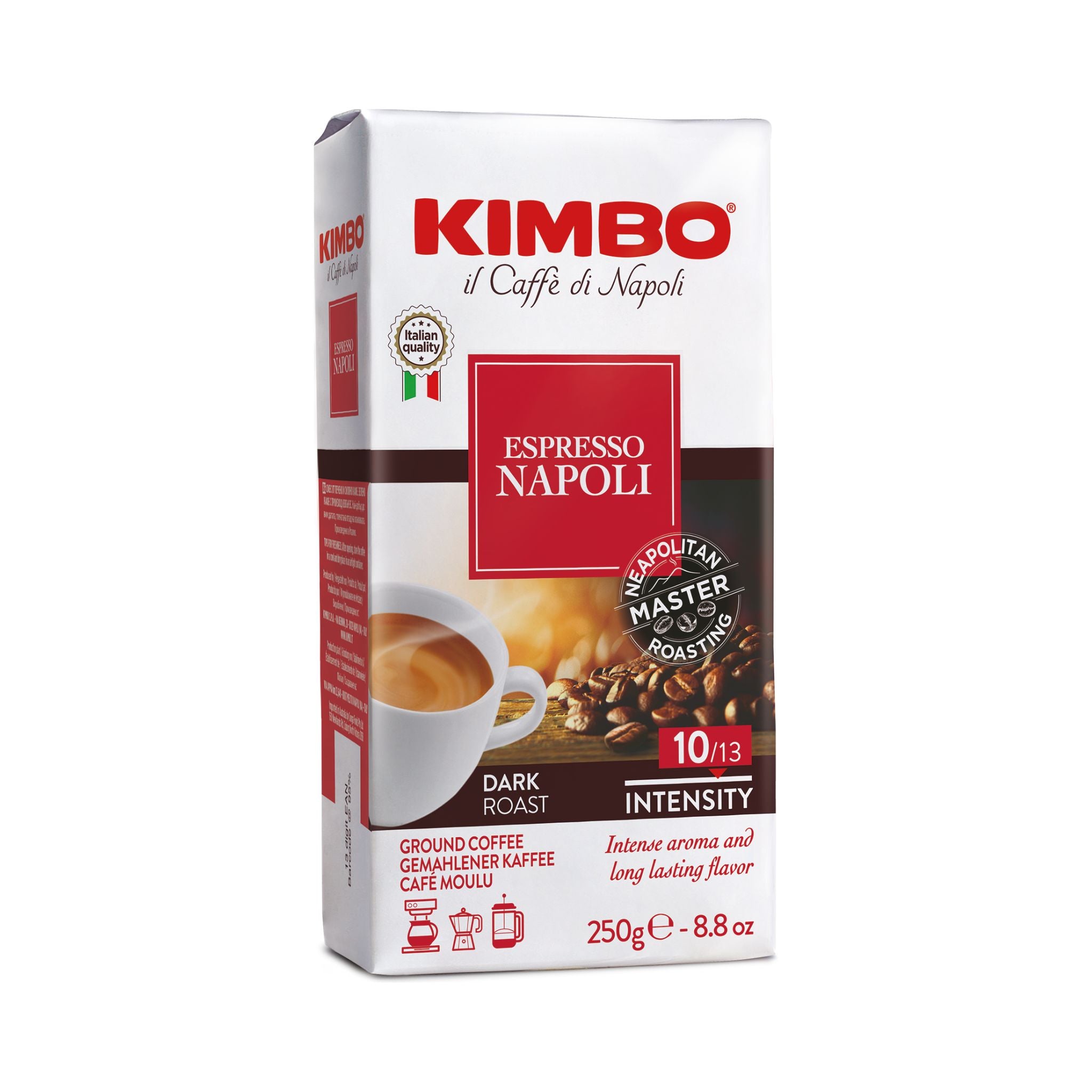Gardenstate, Kimbo Barista Espresso Napoli Ground Coffee 250g – dark roast Italian blend with intensity 10/13, full body, toasted notes and subtle spice, ideal for espresso, moka pot, French press, and filter brewing in Singapore.