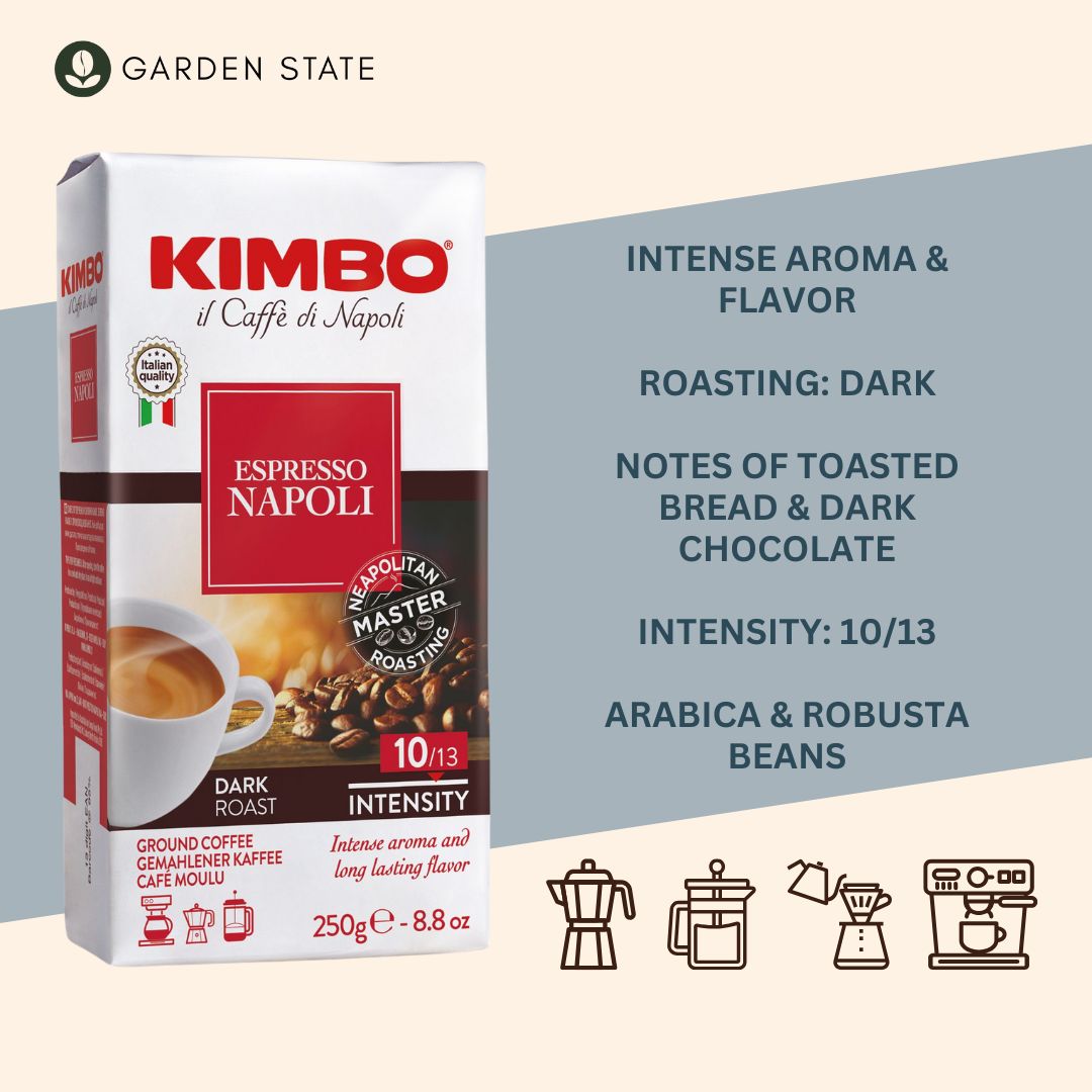 Gardenstate, Kimbo Barista Espresso Napoli Ground Coffee 250g – dark roast Italian blend with intensity 10/13, full body, toasted notes and subtle spice, ideal for espresso, moka pot, French press, and filter brewing in Singapore.