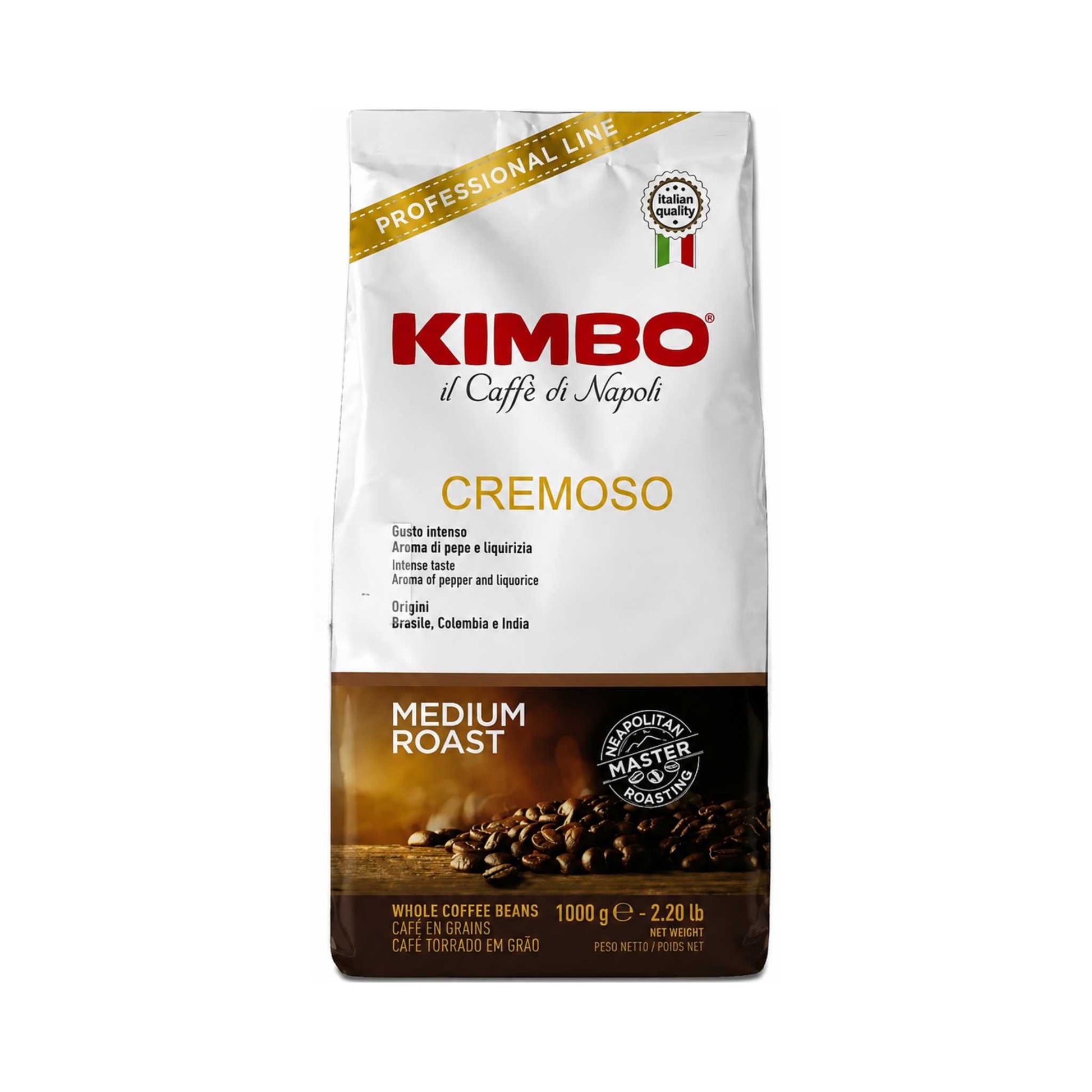 A package of Kimbo Cremoso whole coffee beans, 1kg, with medium roast. Wholesale supply coffee for offices, horeca and hospitality.