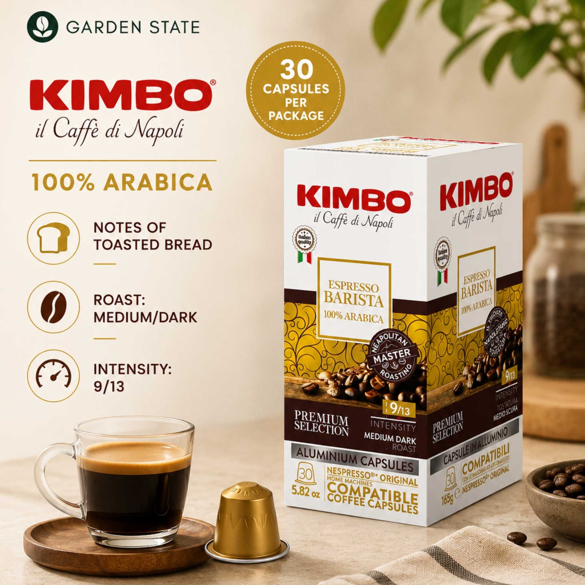 GardenState, Kimbo Barista 100% Arabica Nespresso compatible capsules, 30-pack. Bulk supply for office and hotels Singapore.