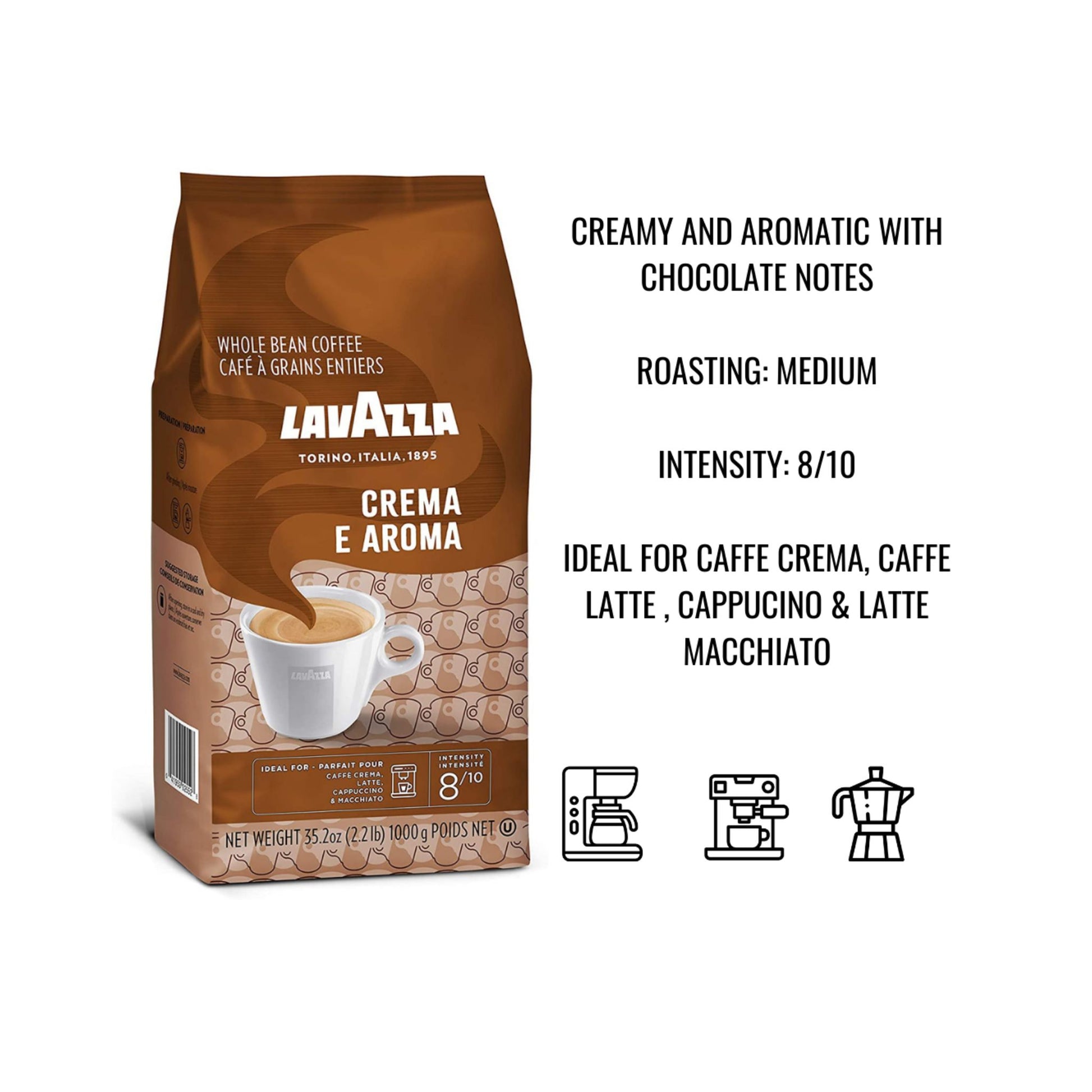 GardenState, Lavazza Crema e Aroma Whole Coffee Beans (1kg) – Medium Roast, 8/10 Intensity. Premium Italian coffee blend with a rich, full-bodied taste, long-lasting crema, and smooth chocolate notes. Ideal for cafés, restaurants, hotels, and offices. Suitable for espresso machines, Moka pots, and French press. Roasted in Italy for a high-quality coffee.