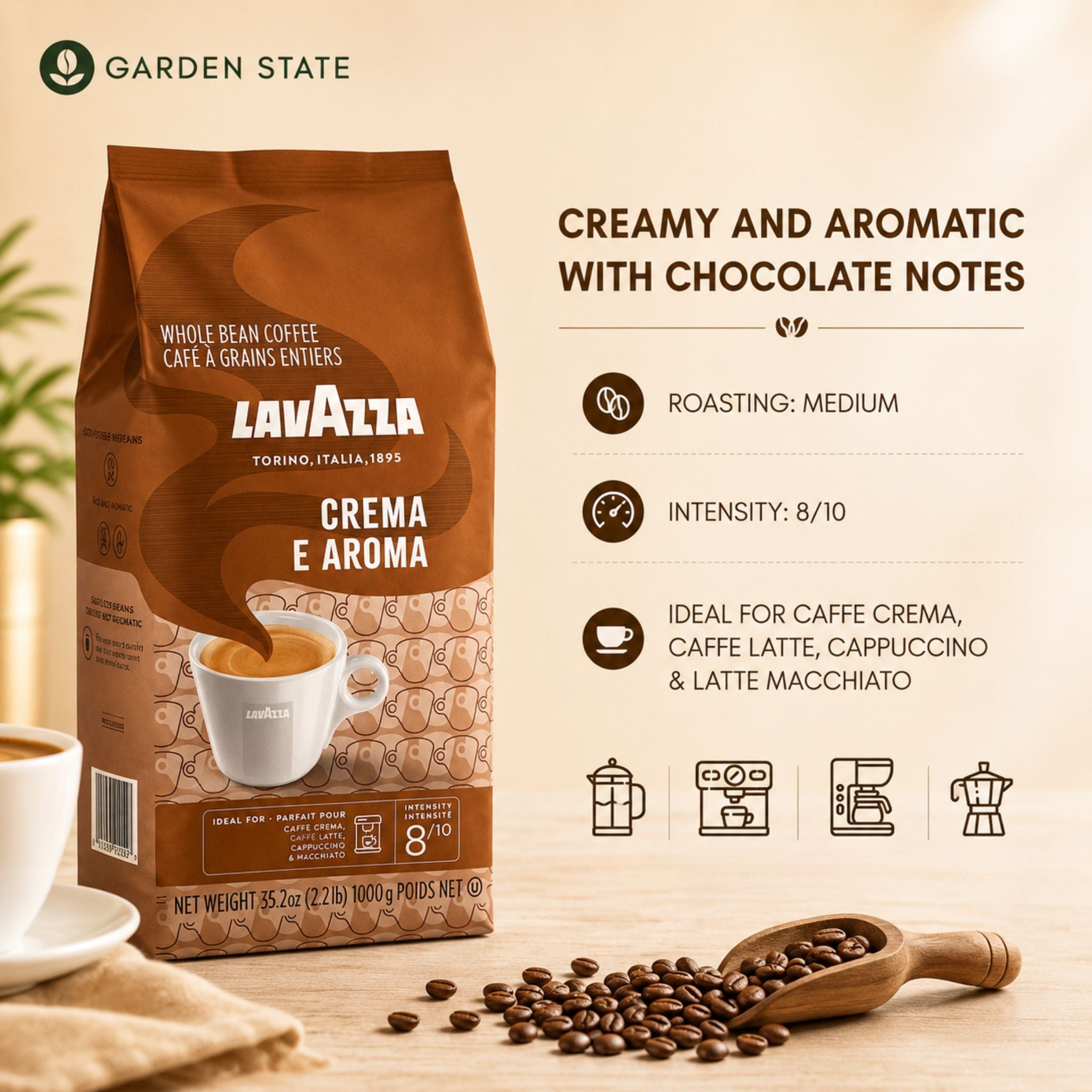 Lavazza Crema e Aroma whole coffee beans 1kg for offices, cafés, restaurants and hospitality businesses, medium roast Italian coffee with creamy body and chocolate notes