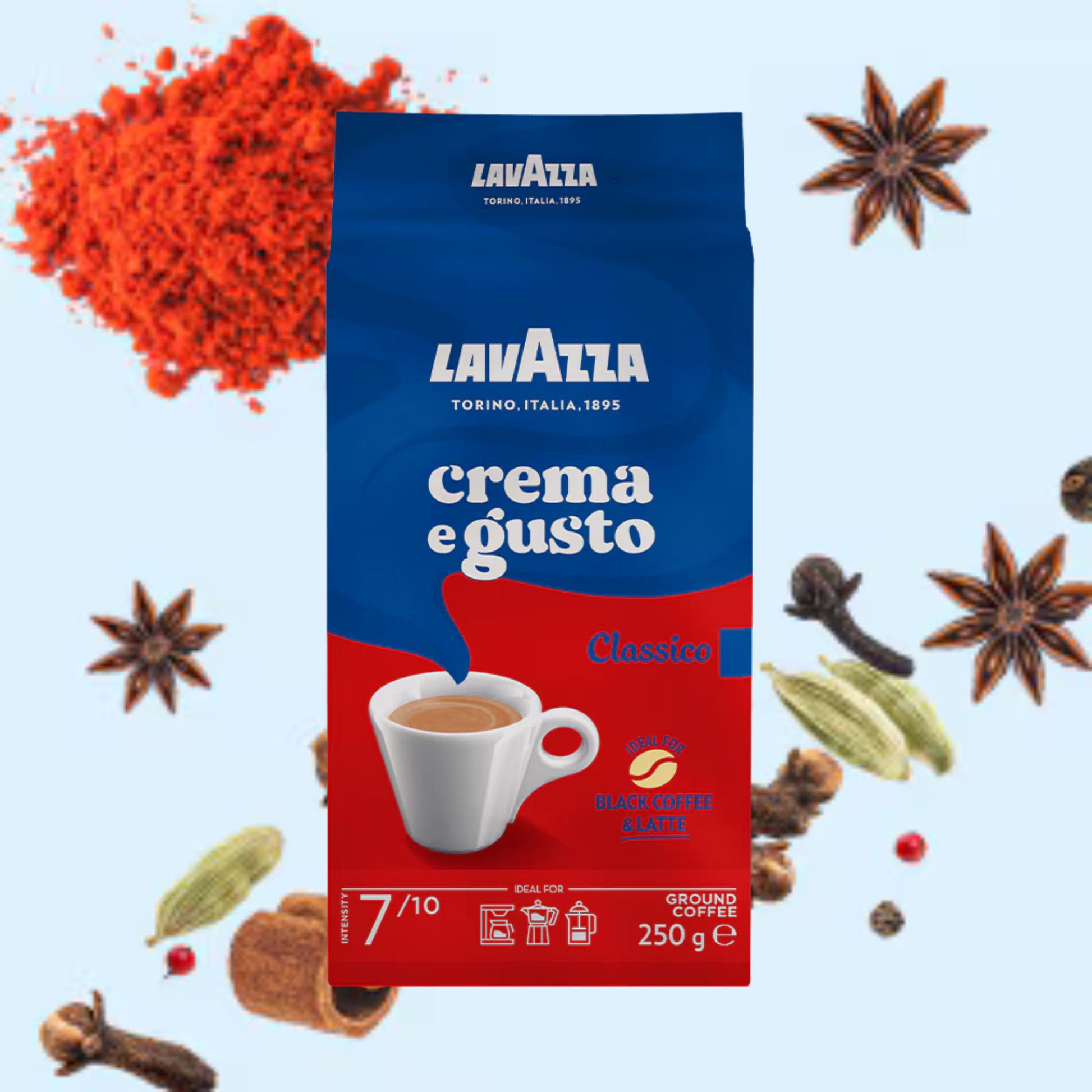 GardenState, Lavazza Crema e Gusto Classico Ground Coffee, dark roast with 7/10 intensity, featuring a blend of Brazilian Arabica and South East Asian Robusta. The coffee offers a rounded, spicy flavor with amber crema, ideal for Moka pots, filter methods, and drip machines. 250g pack for fresh, aromatic taste, perfect for coffee shops, offices, and restaurants.