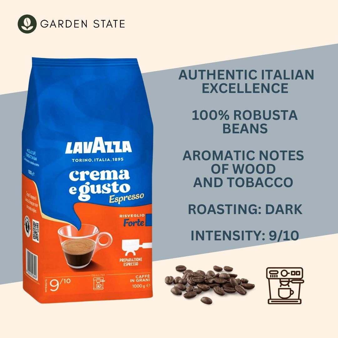 GardenState, Lavazza Crema e Aroma Espresso Forte 1kg – Dark roast whole coffee beans with bold flavor, intense aroma, and rich crema. Ideal for espresso machines in cafés or offices.