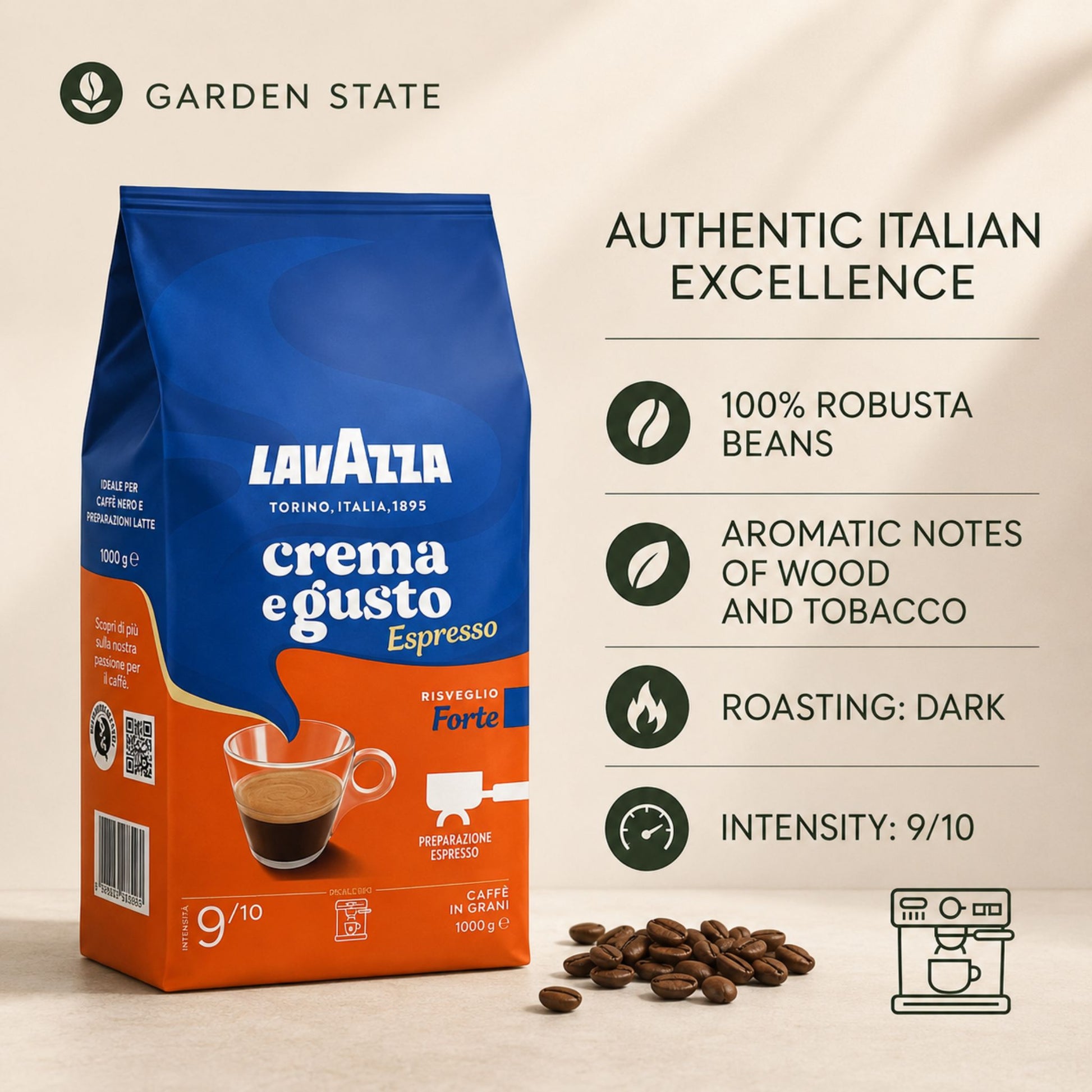 GardenState, Lavazza Crema e Aroma Espresso Forte 1kg – Dark roast whole coffee beans with bold flavor, intense aroma, and rich crema. Ideal for espresso machines in cafés or offices.