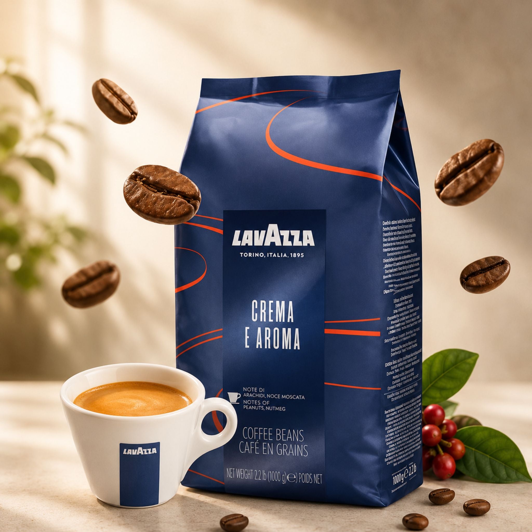 GardenState, Lavazza Crema e Aroma Blue Line 1kg coffee beans – medium roast with 8/10 intensity. Full-bodied blend with notes of dried fruit, cocoa, and nutmeg. Ideal for espresso-based drinks.