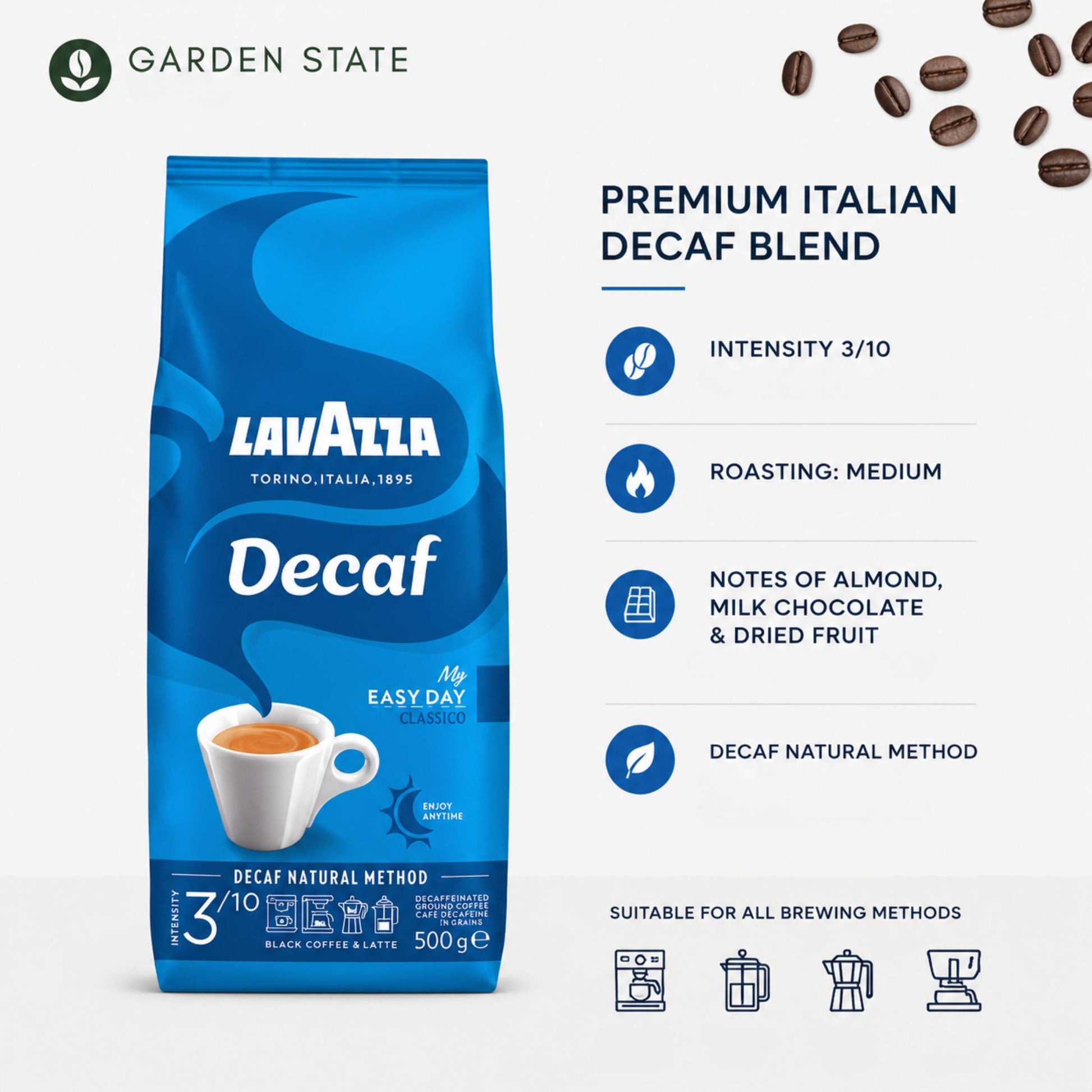 Garden State, b2b wholesale coffee supplier Singapore, Lavazza Decaf Coffee Beans, 500 gr package.
