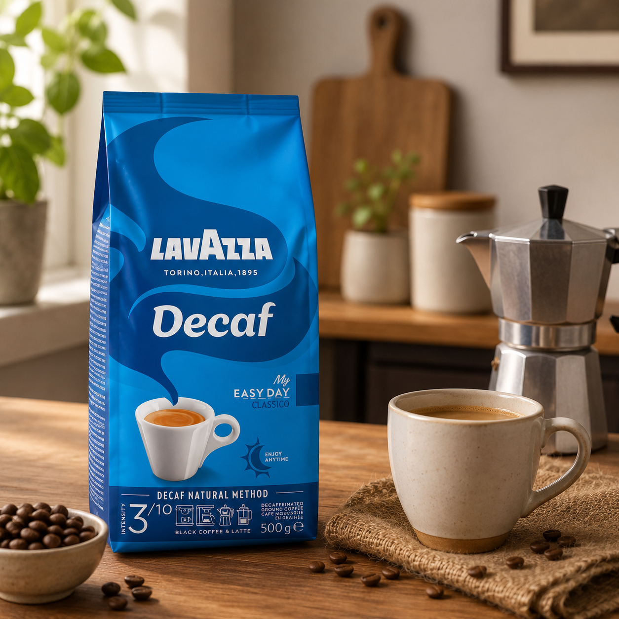 Garden State, b2b wholesale coffee supplier Singapore, Lavazza Decaf Coffee Beans, 500 gr package.